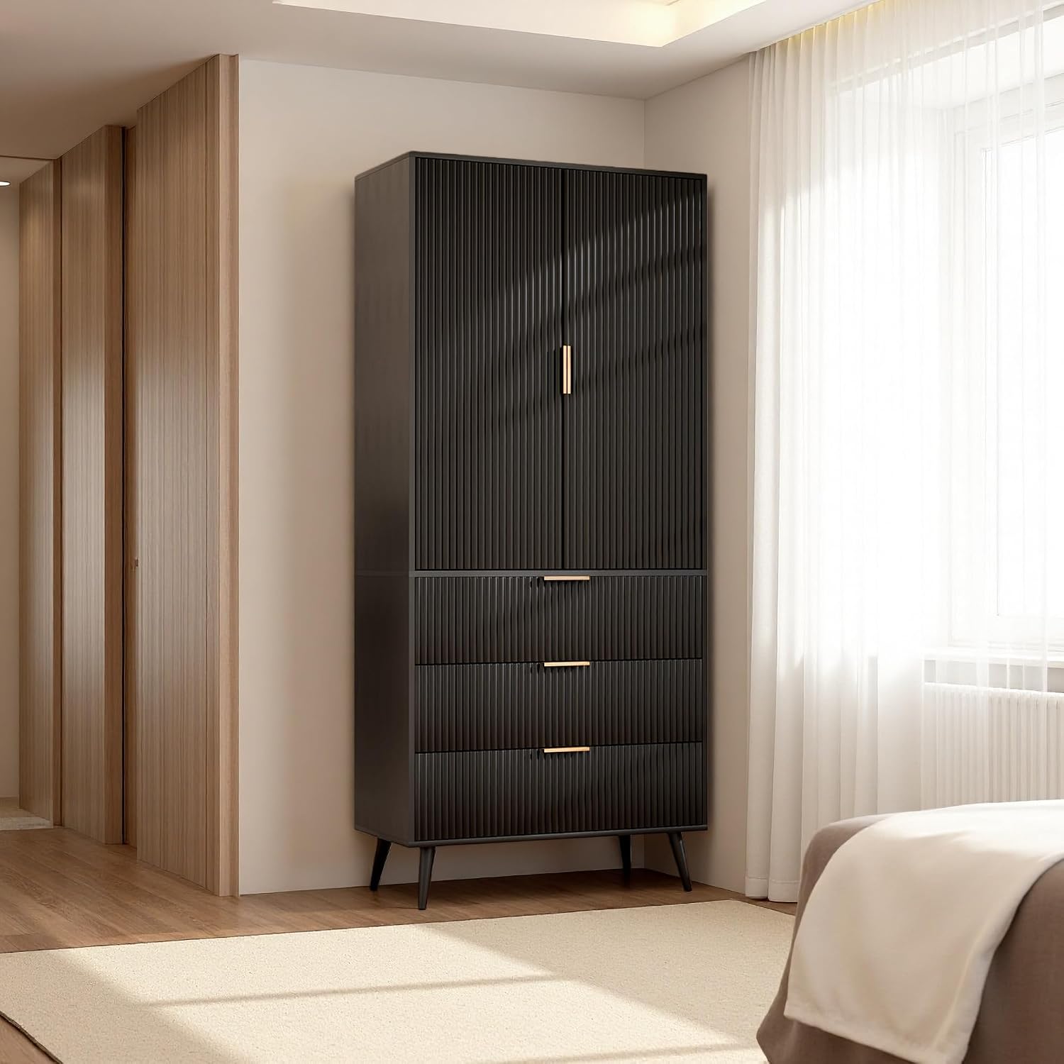 Tall Storage Cabinet, Kitchen Pantry Cabinet with Adjustable Shelves & Fluted Panel Design, Wood Cupboard with 3 Drawers 2 Doors, Tall Home Cupboard for Living Room, Kitchen, Black