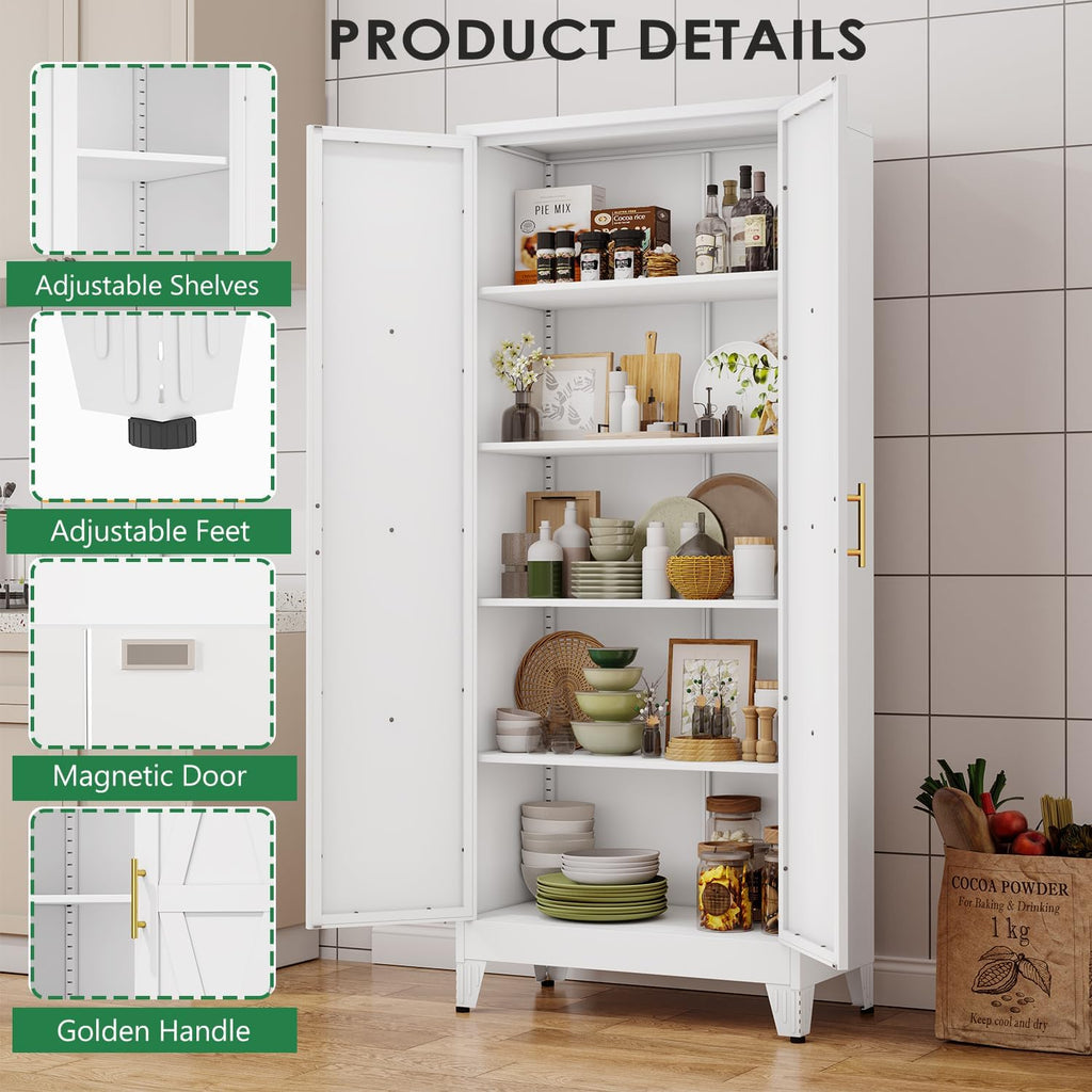 pozdeg 71' Tall Kitchen Pantry Cabinet, Metal Storage Cabinet with 2 Doors and 4 Adjustable Shelves, White Food Pantry Cupboard for Kitchen, Dining Room, Living Room and Bathroom (White)