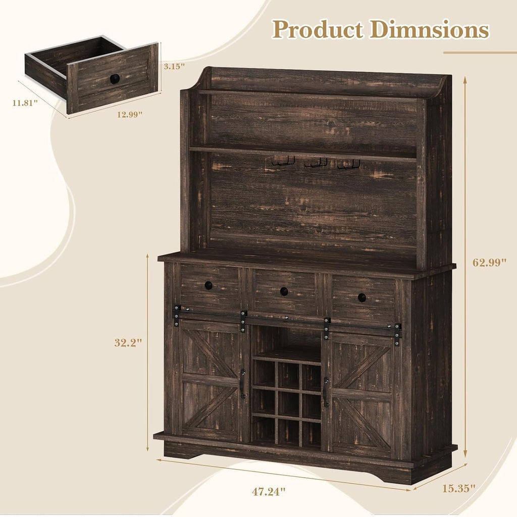 REVOMINCA 63 Inch Tall Coffee Bar Cabinet with 3-Tier, Kitchen Hutch with 3 Large Drawers, Farmhouse Coffee Bar with 9 Wine Racks & 3 Glass Holders, Wine Storage Cabinet for Living Dining Room, Oak