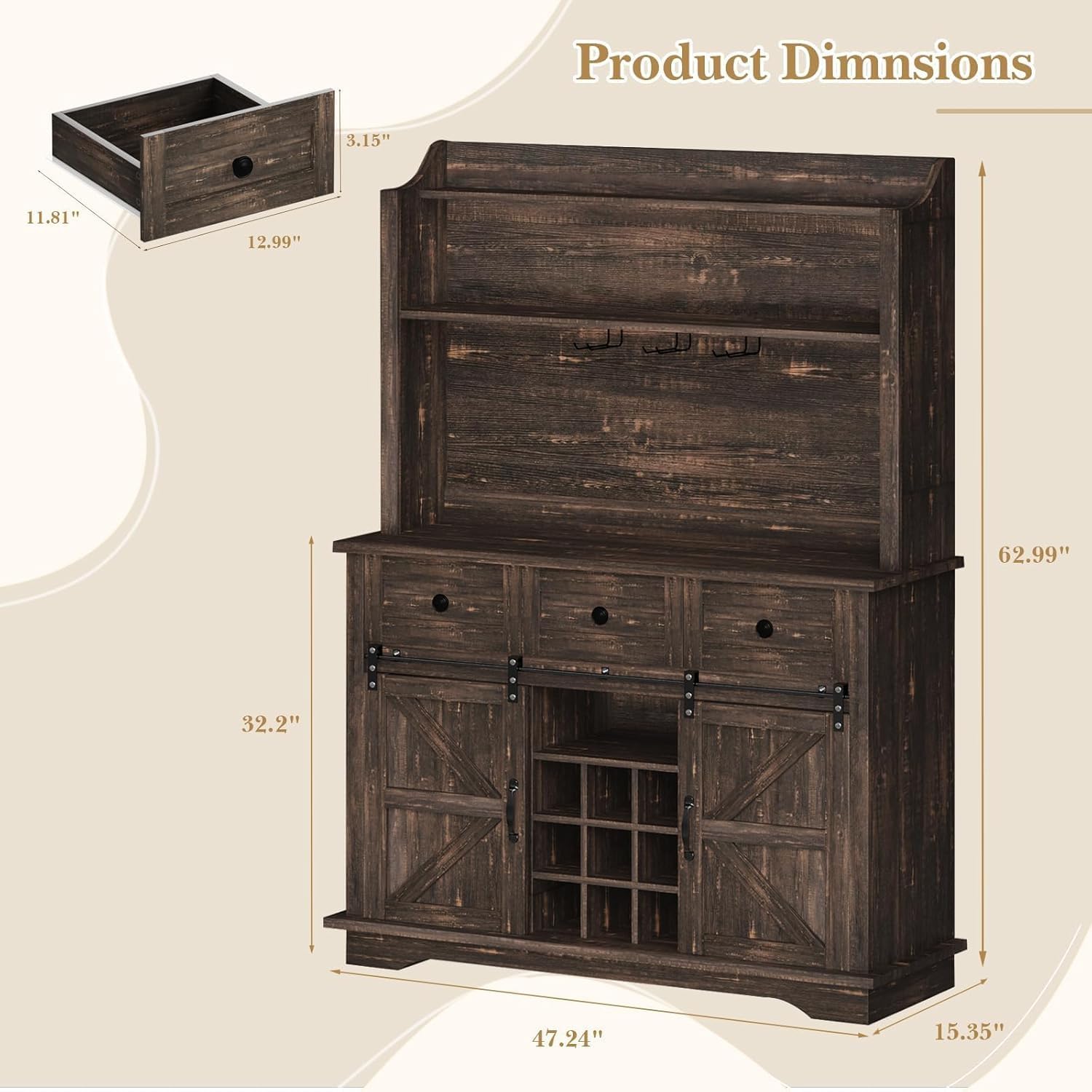 REVOMINCA 63 Inch Tall Coffee Bar Cabinet with 3-Tier, Kitchen Hutch with 3 Large Drawers, Farmhouse Coffee Bar with 9 Wine Racks & 3 Glass Holders, Wine Storage Cabinet for Living Dining Room, Oak