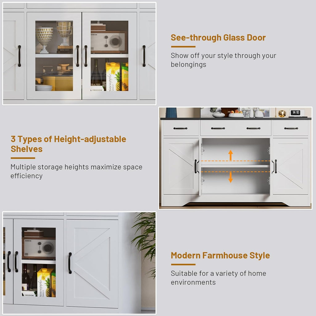 Likein Sideboard Buffet Cabinet with Storage, 55' Kitchen Coffee Bar Cabinet with 3 Drawers & Glass Doors, Farmhouse Sideboard Buffet Table with Adjustable Shelves for Living Room, Dining Room, White