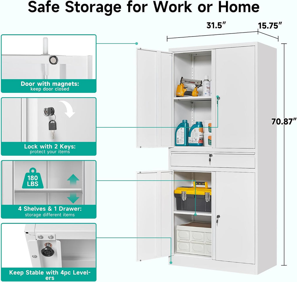 SISESOL White Metal Storage Cabinet with Drawer and Locks,Garage Storage Cabinet with Locking Doors and Adjustable Shelves,71' Tall Large Metal Cabinets with Magnetic Door for Home,Office,Garage