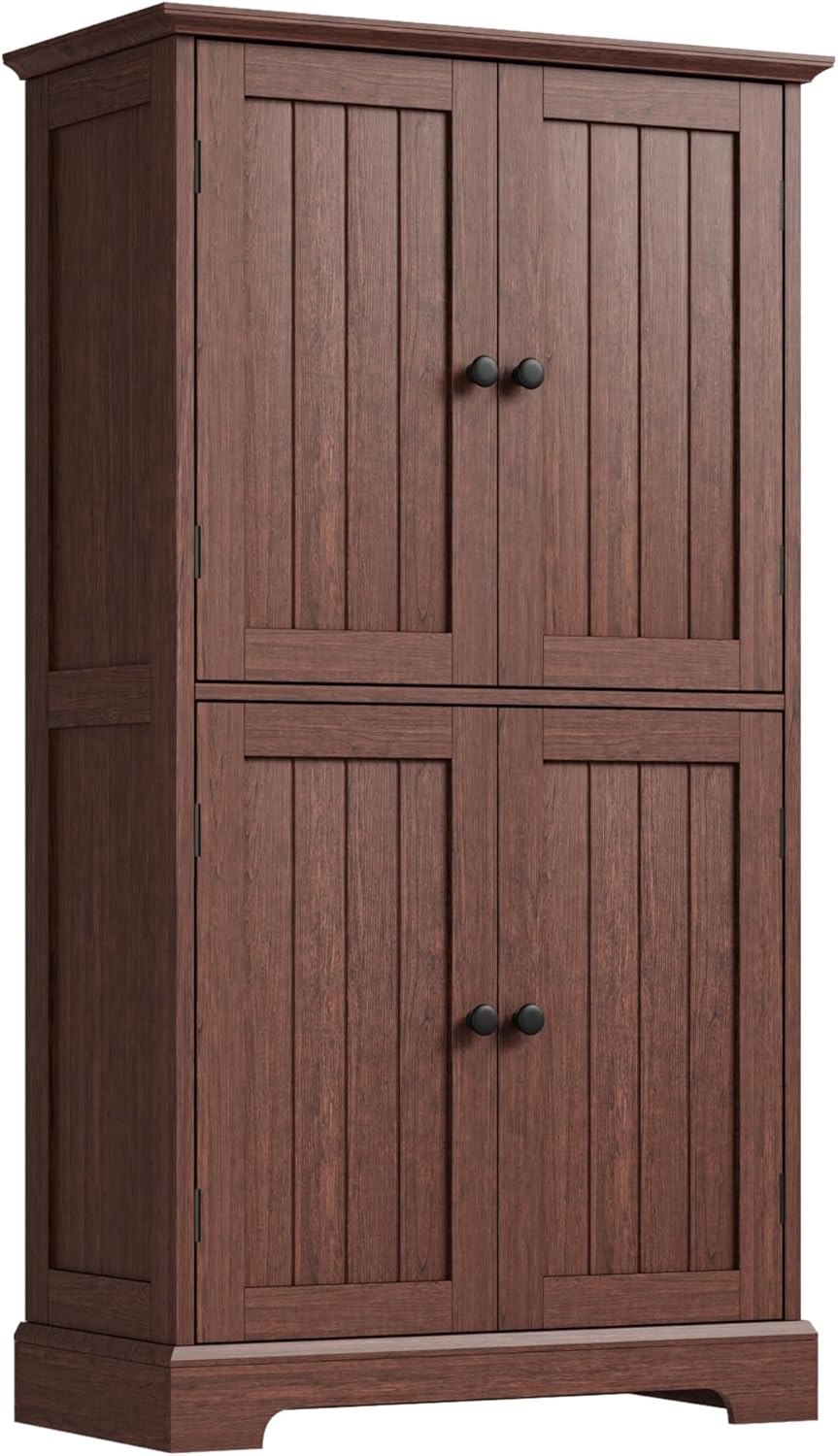 ChooChoo Bathroom Floor Cabinet, Farmhouse Bathroom Storage Cabinet with 4 Doors and Adjustable Shelves, Pantry Cabinet for Living Room, Kitchen, Walnut