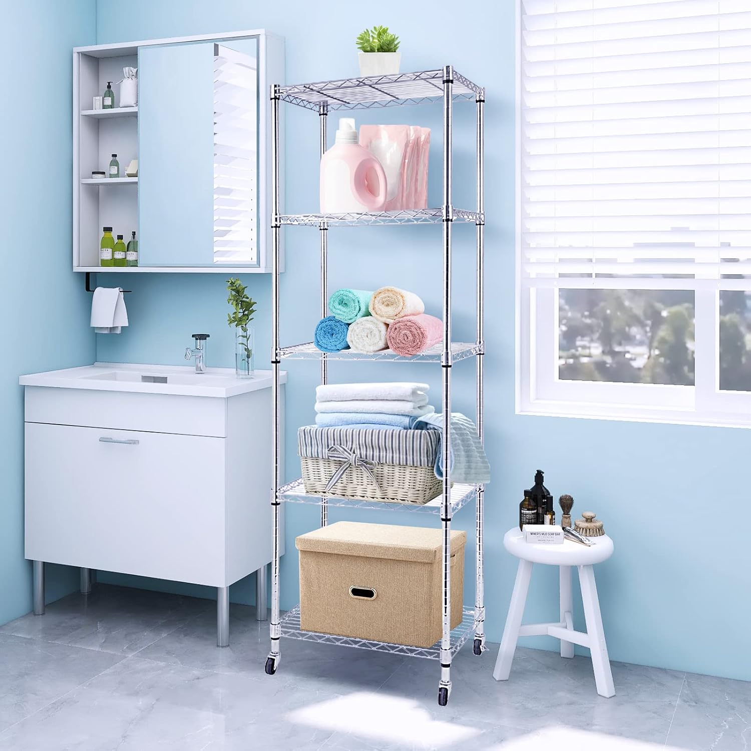 5 Tier Wire Shelving Unit With Wheels, Adjustable Narrow Metal Shelf, NSF Certified Storage for Laundry, Garage, Kitchen, Pantry, 18' D X 24' W X 71' H, Chrome