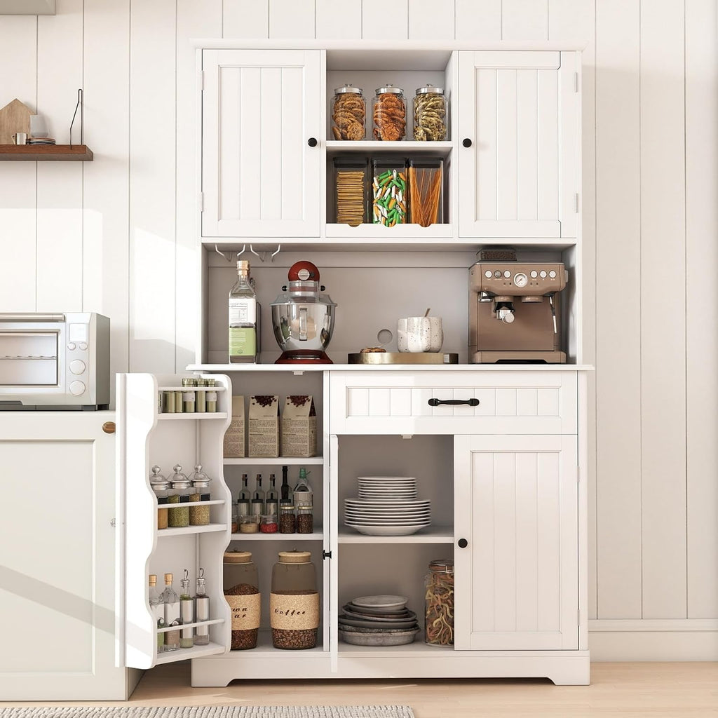Gizoon Tall Kitchen Storage Cabinet with Door and Shelves, 67' Kitchen Pantry Cabinet Large Coffee Bar Hutch with Storage for Dining Room, Painted White