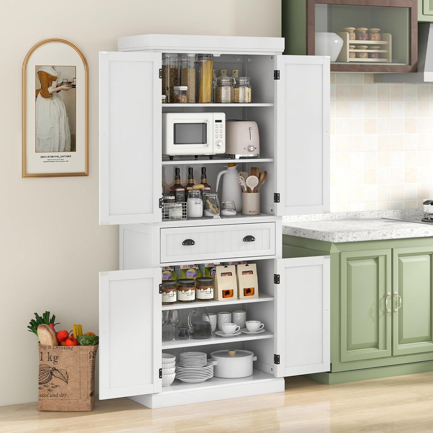 Tangkula 72' H Kitchen Pantry Cupboard Cabinet, Traditional Freestanding Large Tall Storage Cabinet with 2 Cabinets and Drawer, Adjustable Shelves, for Living Room Kitchen, 30 x 16 x 72 Inch