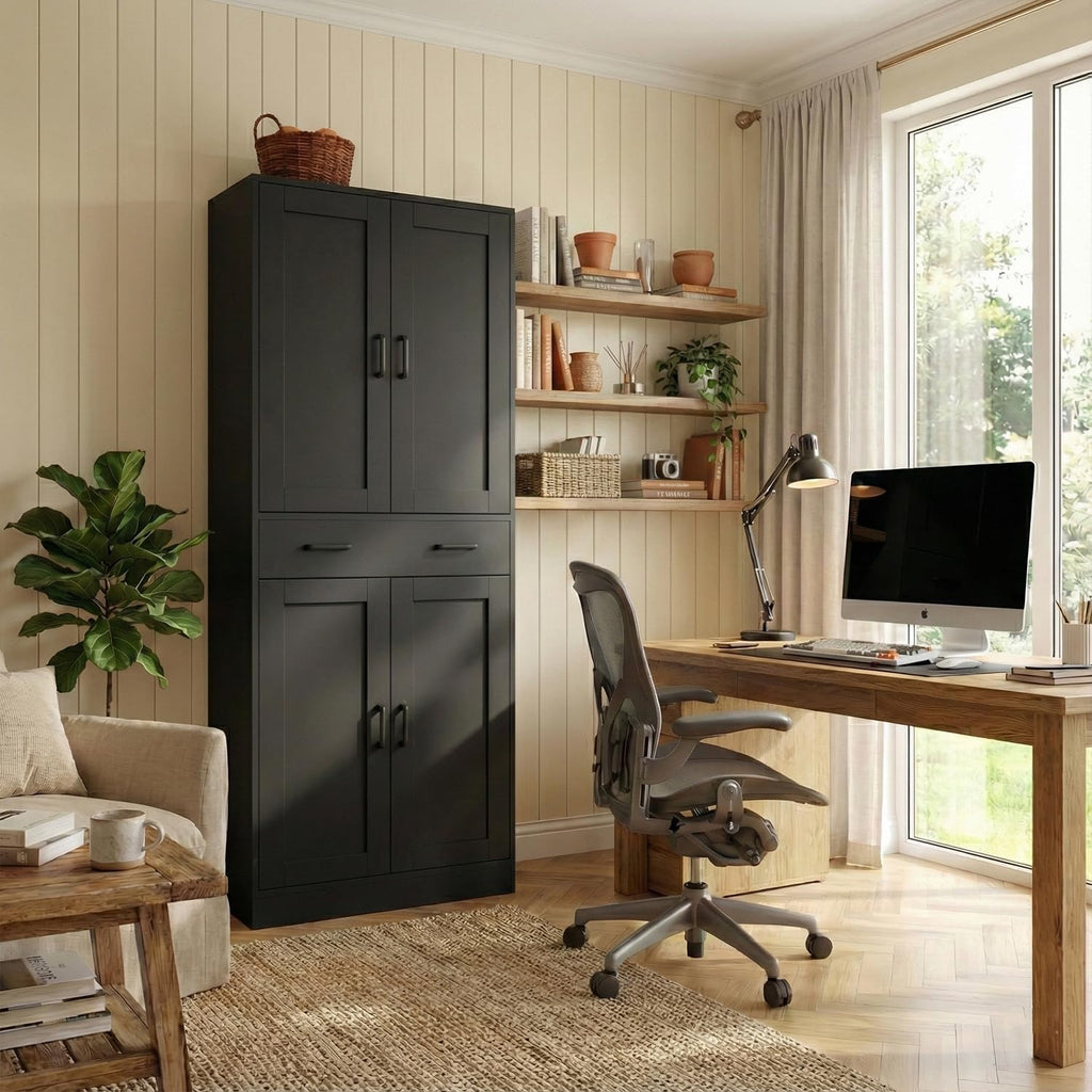 DIYART 71' Tall Kitchen Pantry Cabinet, Freestanding Food Storage Cupboard with Drawer and 4 Doors, Large Black Utility Floor Cabinet with Adjustable Shelves for Dining Room, Breakroom, Home Office