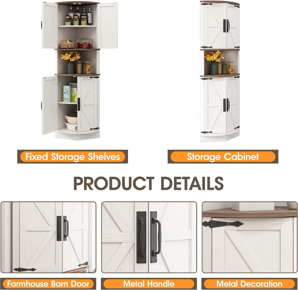 Vabches 64.8' Tall Farmhouse Corner Cabinet with 4 Doors and 5 Storage Shelves, Farmhouse Storage Cabinet with Barn Door Design, Home Space Saver for Living Room, Kitchen, Laundry Room,White