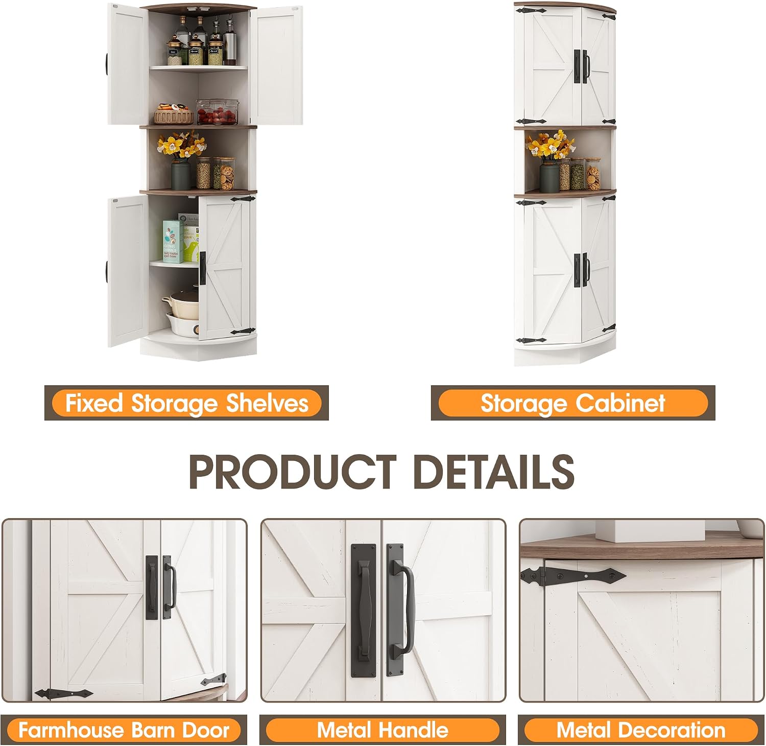 Vabches 64.8' Tall Farmhouse Corner Cabinet with 4 Doors and 5 Storage Shelves, Farmhouse Storage Cabinet with Barn Door Design, Home Space Saver for Living Room, Kitchen, Laundry Room,White