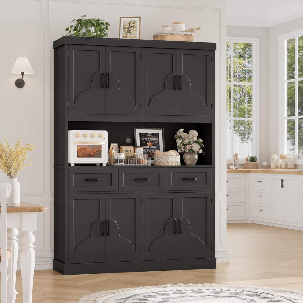 HITHOS 76' Tall Kitchen Pantry Storage Cabinet, 55' Wide Kitchen Hutch Cabinet with Storage Drawers, Large Food Pantry with Microwave Stand, Modern Cupboard with Hutch for Dining Living Room, Black