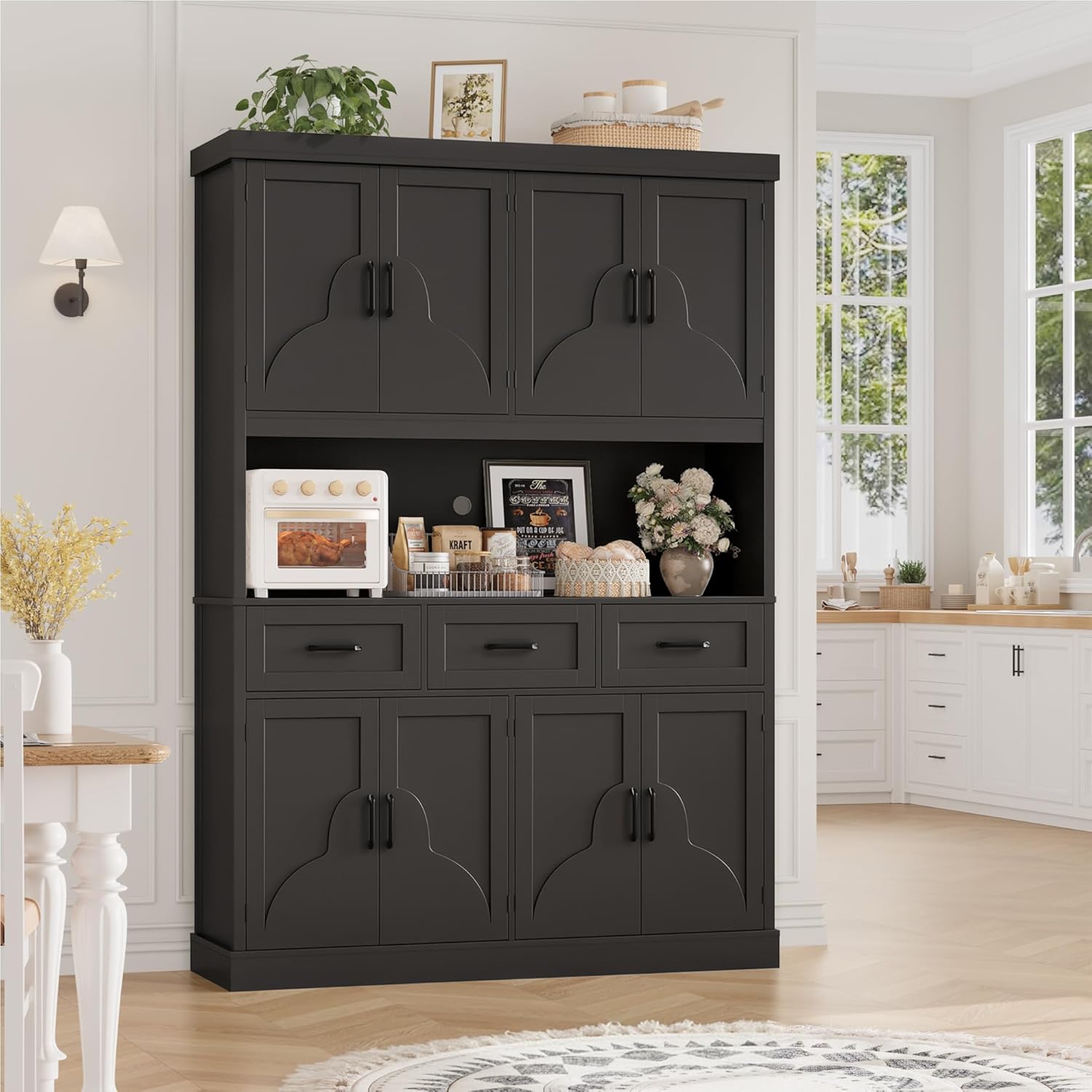 HITHOS 76' Tall Kitchen Pantry Storage Cabinet, 55' Wide Kitchen Hutch Cabinet with Storage Drawers, Large Food Pantry with Microwave Stand, Modern Cupboard with Hutch for Dining Living Room, Black