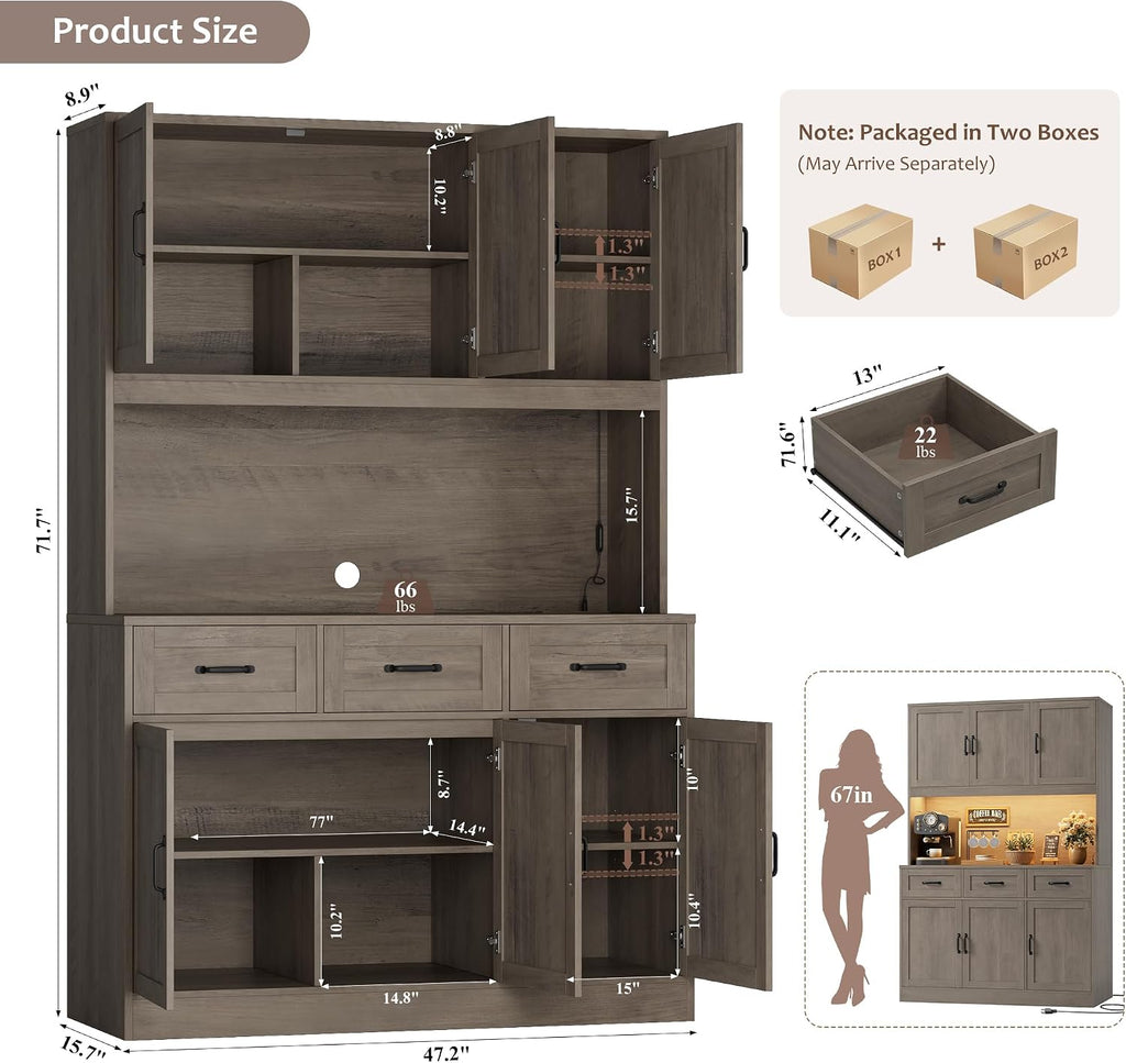HOSTACK 72' Tall Kitchen Pantry Cabinet with Charing Station | LED Lights, 47' W Kitchen Pantry Storage Cabinet with Countertop, Modern Kitchens Hutch Cabinets with Storage for Dining Room, Ash Gray