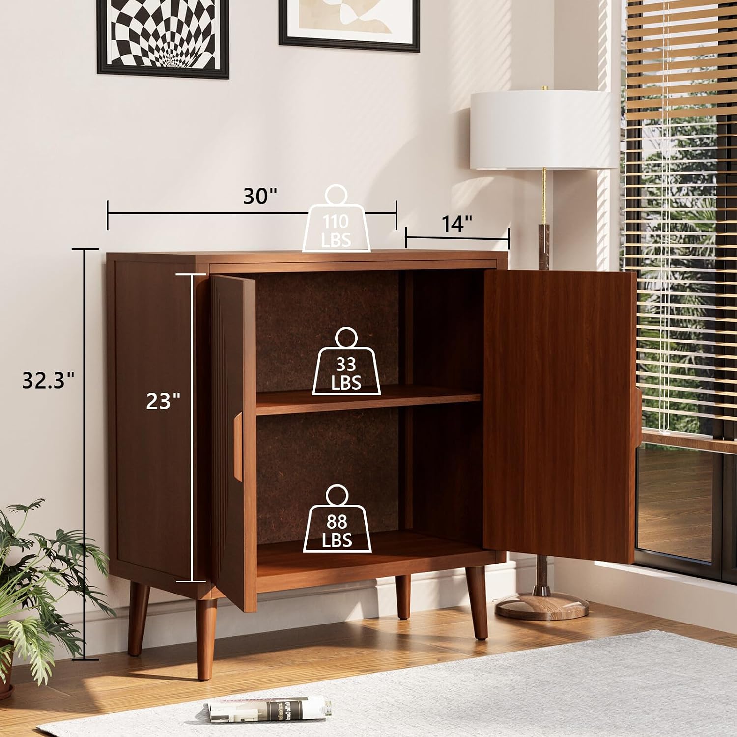 COSIEST 30' W Storage Cabinet with Doors and Shelves, Mid-Century Cabinet with Adjustable Shelf, Accent Sideboard for Kitchen, Dining Room, Living Room, or Hallway (Brown, Line Pattern)