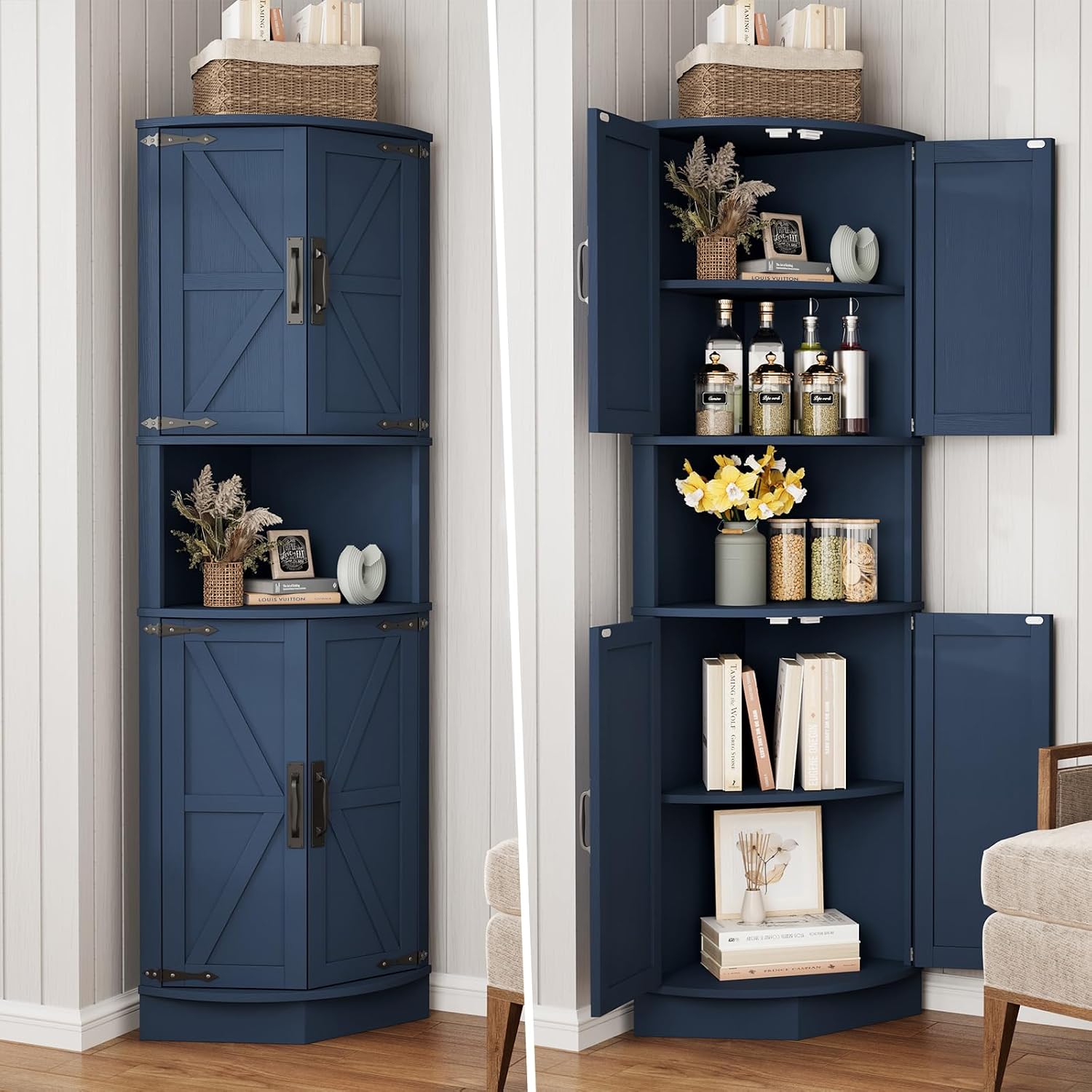 Vabches 64.8' Tall Farmhouse Corner Cabinet with 4 Doors and 5 Storage Shelves, Farmhouse Storage Cabinet with Barn Door Design, Home Space Saver for Living Room, Kitchen, Laundry Room,Blue