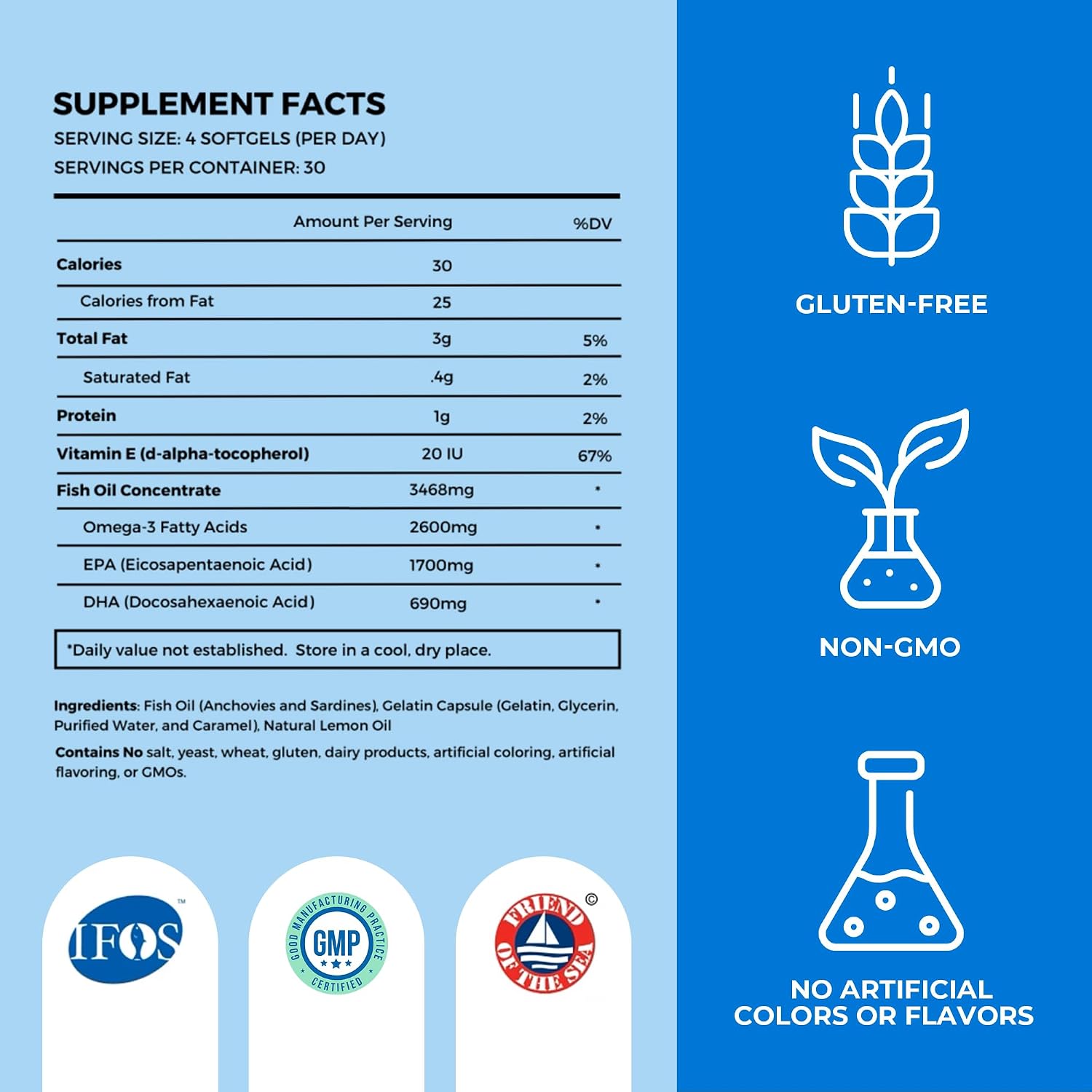 OMAPURE Fish Oil Omega 3 Supplements - Triple Strength - High EPA, DHA - IFOS Lab Tested - Supports Heart & Brain Health - Burpless Capsules - Wild Caught - (5 Bottles - 120 Softgels Per Bottle)