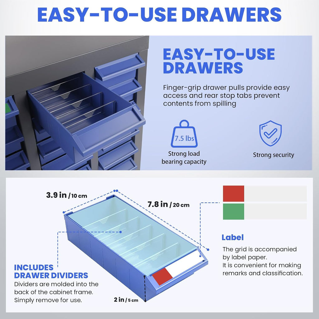 40 Drawer Parts Cabinet,330 Lb Nut and Bolt Storage Cabinet,Abs Nut and Tool Storage Organizer,with Dividers and Labels,Suitable for Studio,Laboratory and Home Use/Blue