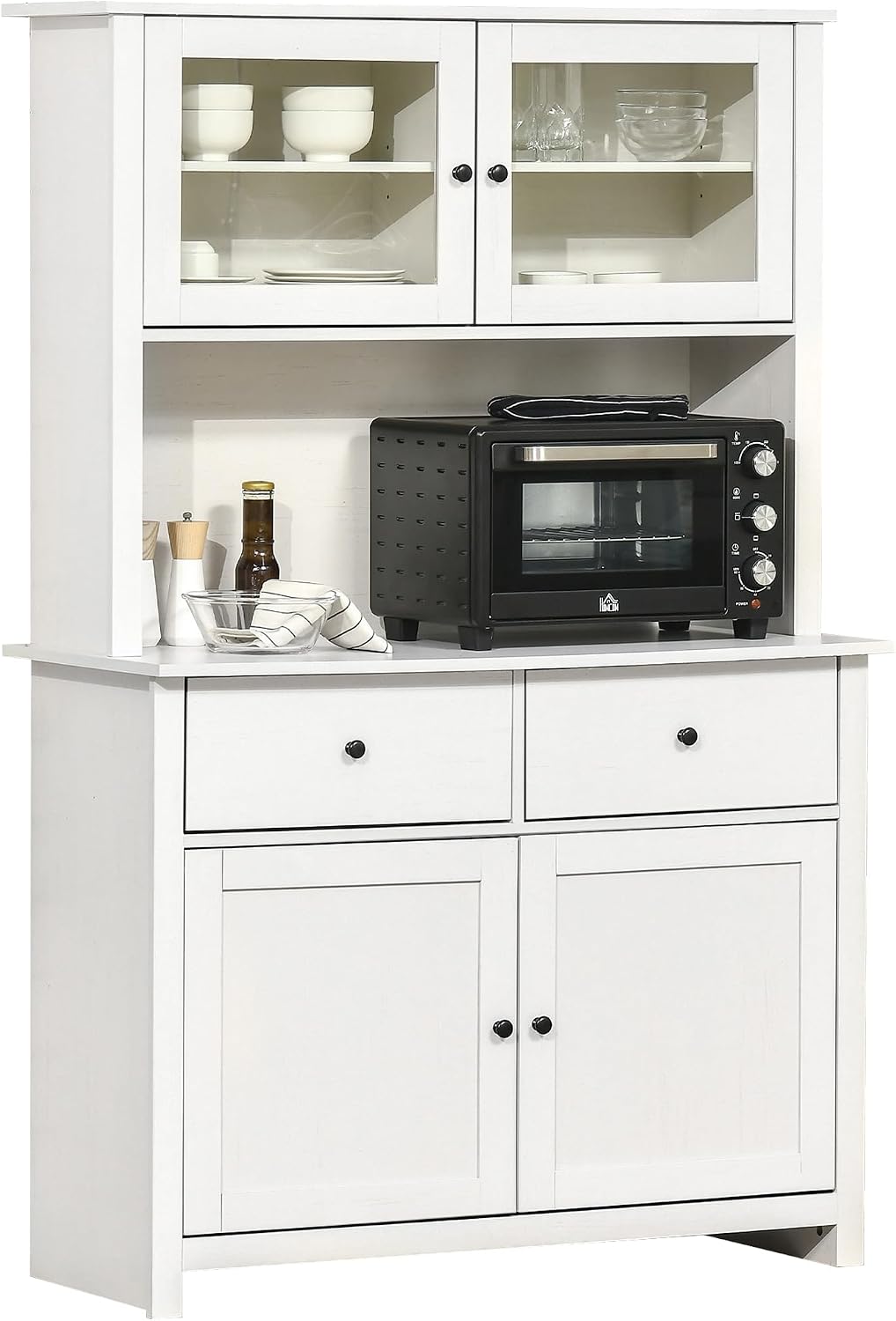 HOMCOM 63.5' Kitchen Buffet with Hutch, Pantry Storage Cabinet with 4 Shelves, Drawers, Framed Glass Doors, Open Microwave Countertop, Antique White