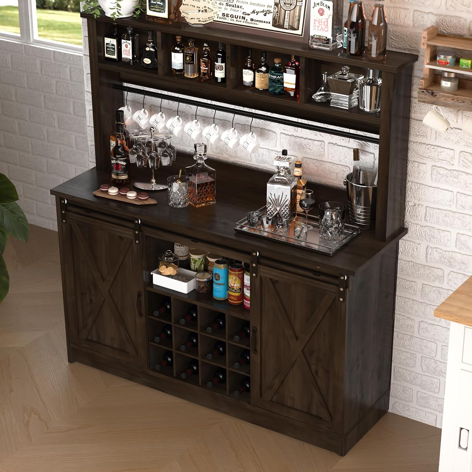 4ever2buy Farmhouse Coffee Bar Cabinet with Storage Hutch, 55' Wine Bar with 12 Wine Racks and 8 Hooks, Coffee Station with 4 Open Shelves and Sliding Barn Doors for Kitchen, Dining Room, Dark Oak