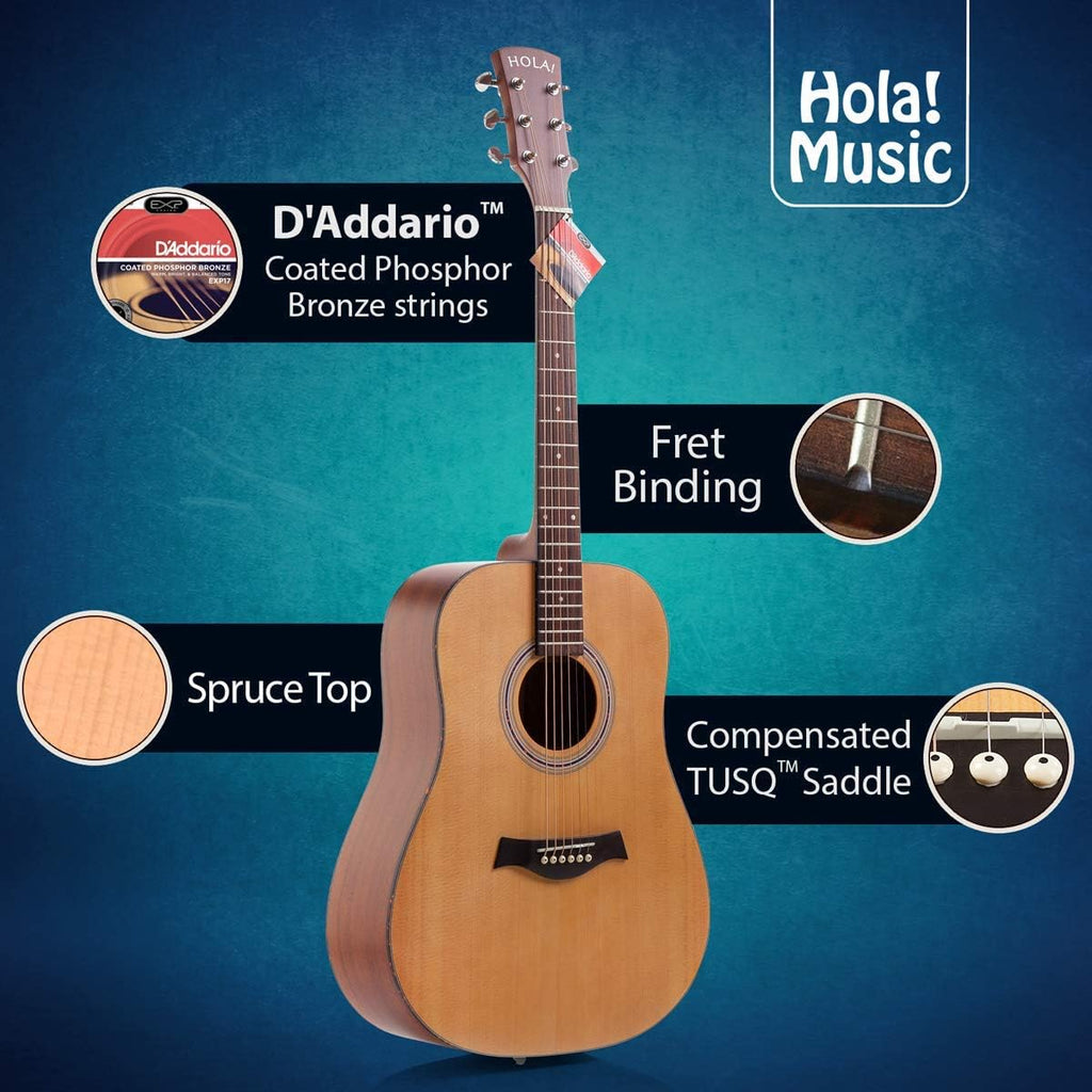 Acoustic Guitar Bundle Dreadnought Series by Hola! Music with EXP16 Steel Strings, Padded Gig Bag, Guitar Strap and Picks, Full Size 41 Inch (Model HG-41N), Natural Satin Finish