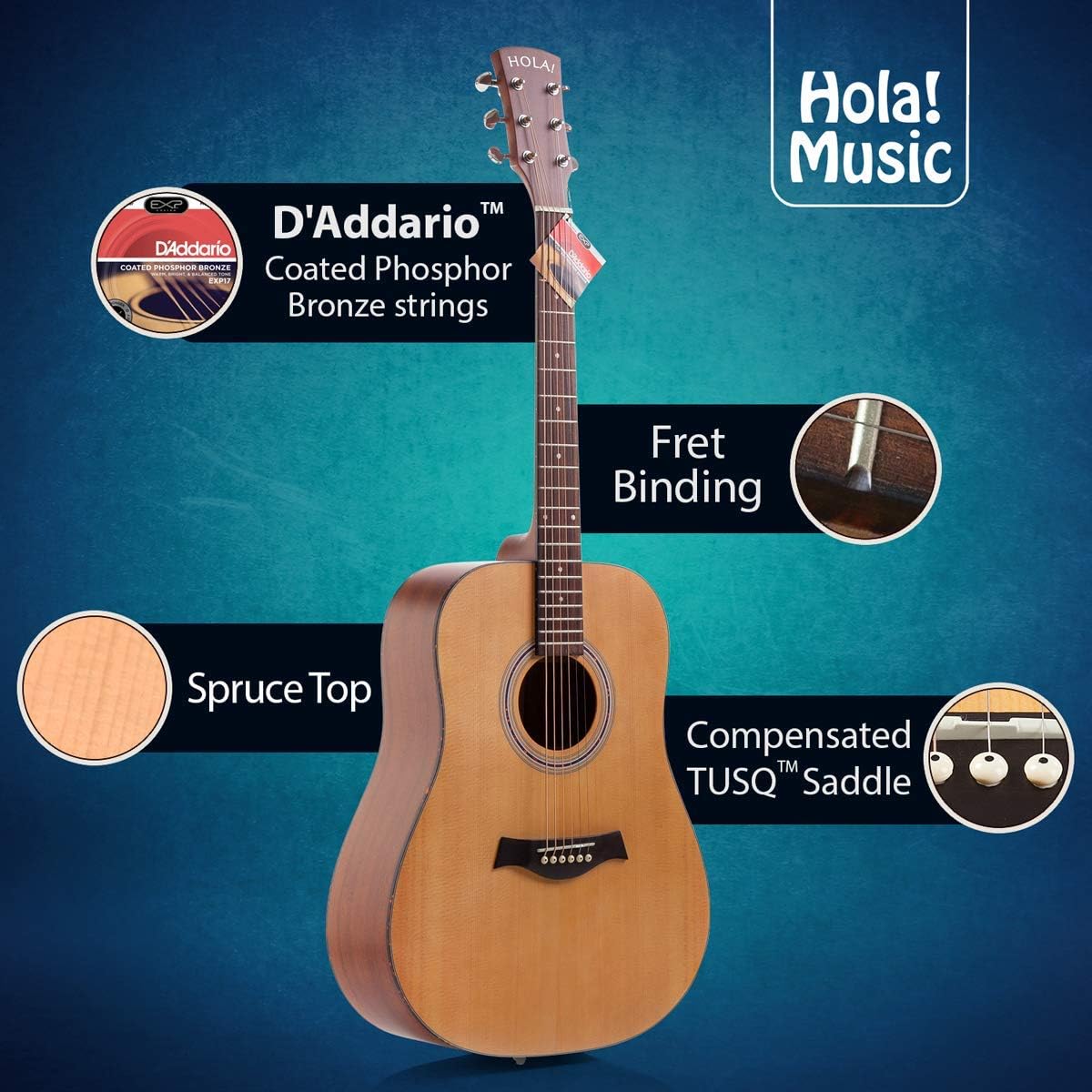 Acoustic Guitar Bundle Dreadnought Series by Hola! Music with EXP16 Steel Strings, Padded Gig Bag, Guitar Strap and Picks, Full Size 41 Inch (Model HG-41N), Natural Satin Finish