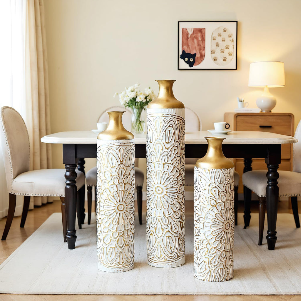 Luxury 3-Piece Floor Metal Vase Set - White & Gold Droplet Shaped Decor for Sophisticated Home Styling - Large Glazed Metal Vases to Impress Guests