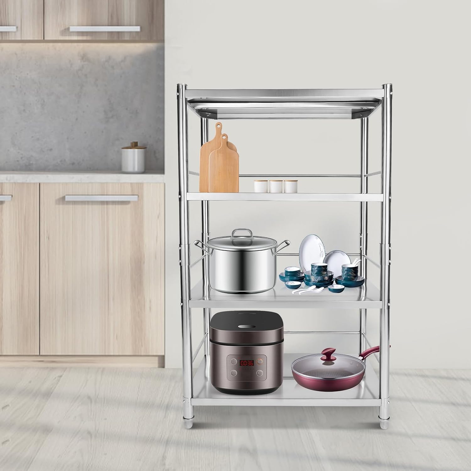 4-Tier Stainless Steel Shelving, Adjustable Height Stainless Steel Storage Shelf, Adjustable Shelf Storage Unit Heavy Duty Shelving for Kitchen Commercial Office Garage Storage, Load 200lb Per Shelf