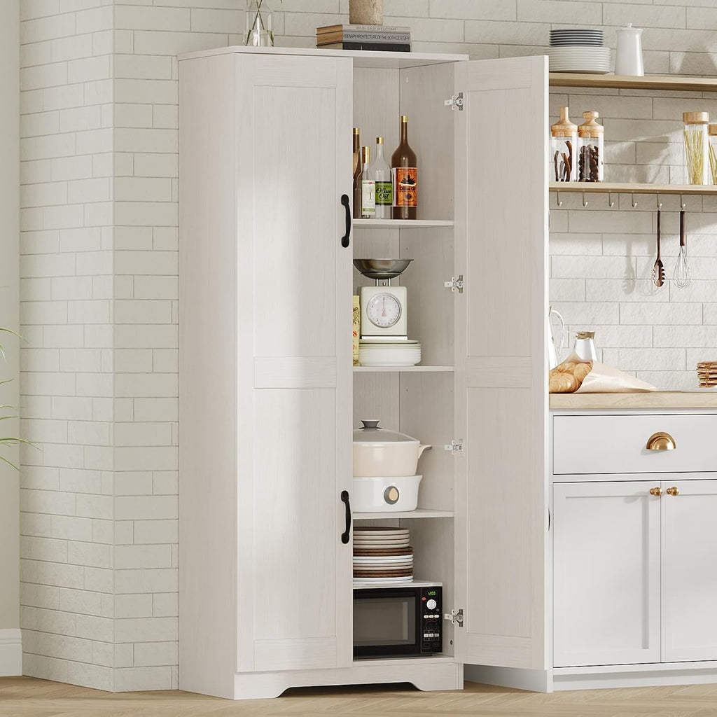IDEALHOUSE Tall Pantry Cabinet, 60' Kitchen Pantry Storage Cabinet with 2 Doors and Adjustable Shelves, Freestanding Kitchen Cabinet, Cupboard for Dining Room, Bathroom (White)