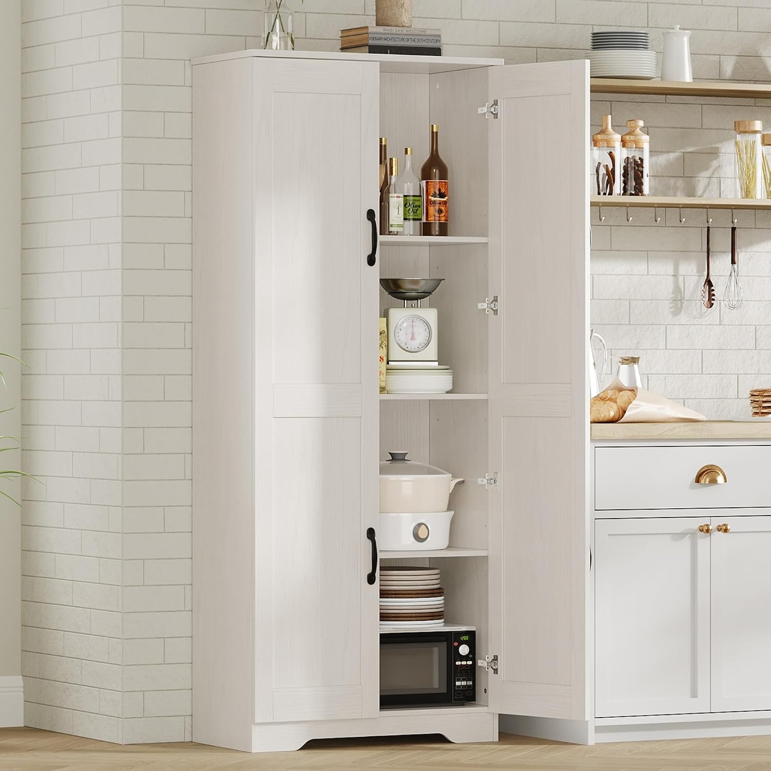 IDEALHOUSE Tall Pantry Cabinet, 60' Kitchen Pantry Storage Cabinet with 2 Doors and Adjustable Shelves, Freestanding Kitchen Cabinet, Cupboard for Dining Room, Bathroom (White)