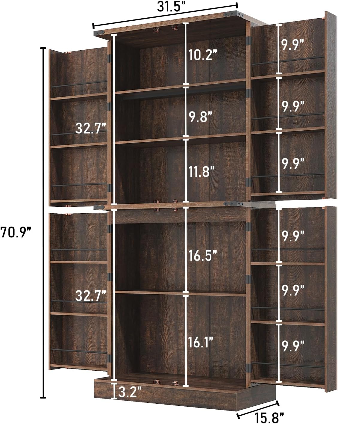 71' Tall Kitchen Pantry Cabinet, Farmhouse Tall Kitchen Storage Cabinet with Adjustable Shelves & 4 Barn Style Doors, Wooden Storage Cabinet for Kitchen, Dining Room, Living Room, Bathroom, Office