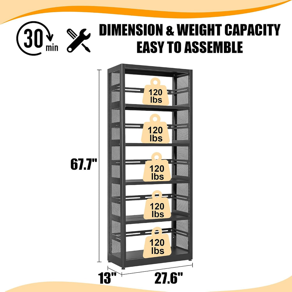 5 Tiers Bookshelf Tall Bookcase Shelf Storage Organizer Book Rack Utility Metal Shelf Adjustable Garage Shelving Organizer Rack for Kitchen Laundry Garage Bathroom Pantry Office 68' H*28' W*13' D