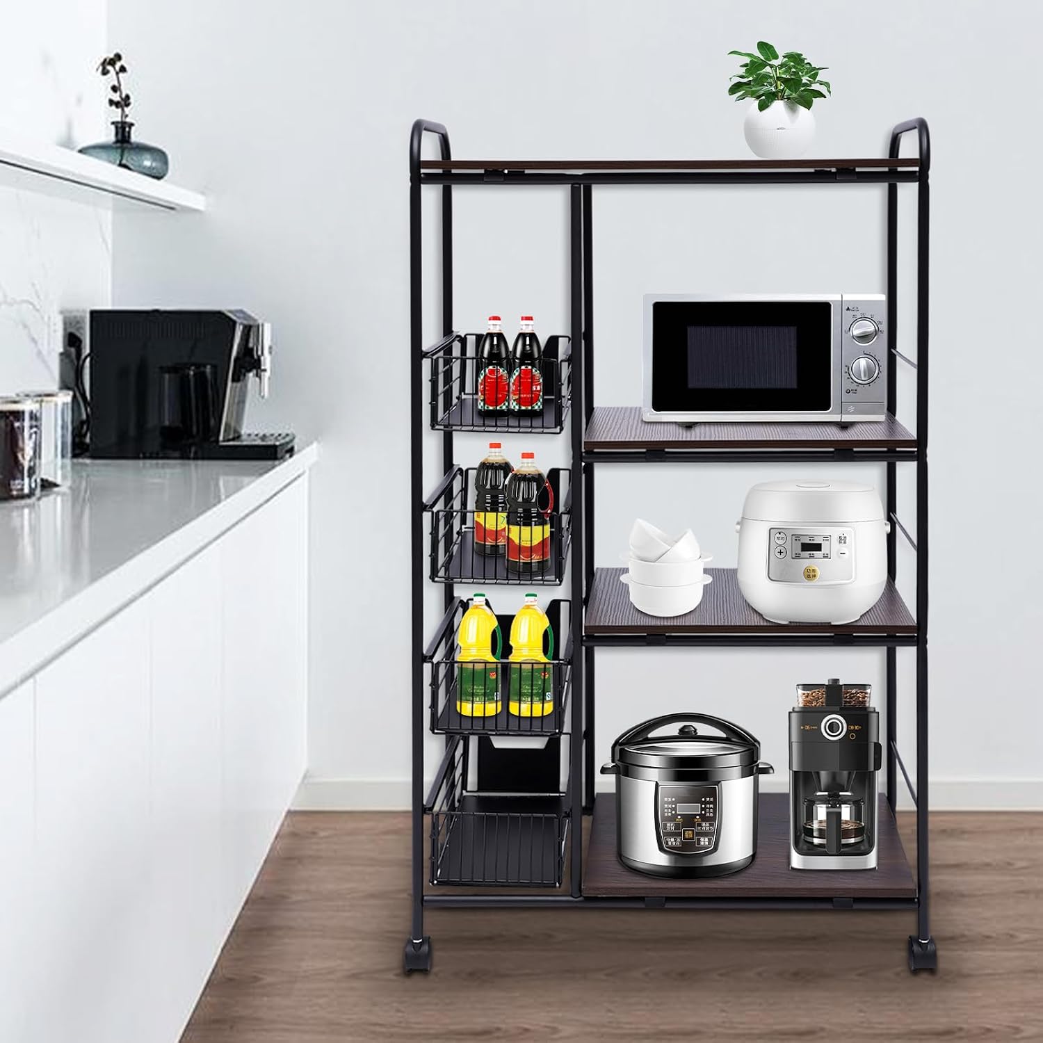 4 Tiers Kitchen Storage Shelf with 4 Drawers, Heavy Duty Storage Shelves Kitchen Bakers Rack with 4 Swivel Wheels, Kitchen Storage Cart Microwave Oven Stand Rack Utility Storage Shelf Organizer