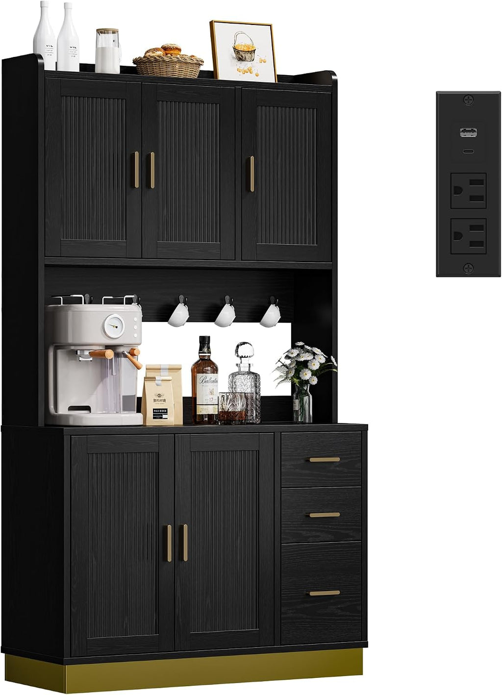 ANCTOR 71' Modern Kitchen Pantry Cabinet with Countertop & Outlet - Tall Storage Cabinet with Adjustable Shelves, Soft-Close Doors, USB/AC Outlet for Kitchen Hutch, Dining Room, Living Room
