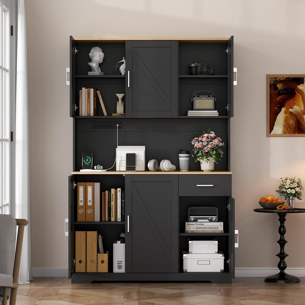 Gyfimoie 71'' Farmhouse Kitchen Pantry Cabinet, Tall Storage Cabinet with Power Outlet, Freestanding Hutch with Drawer, 4 Adjustable Shelf & 6 Doors for Kitchen Living Room (Black)