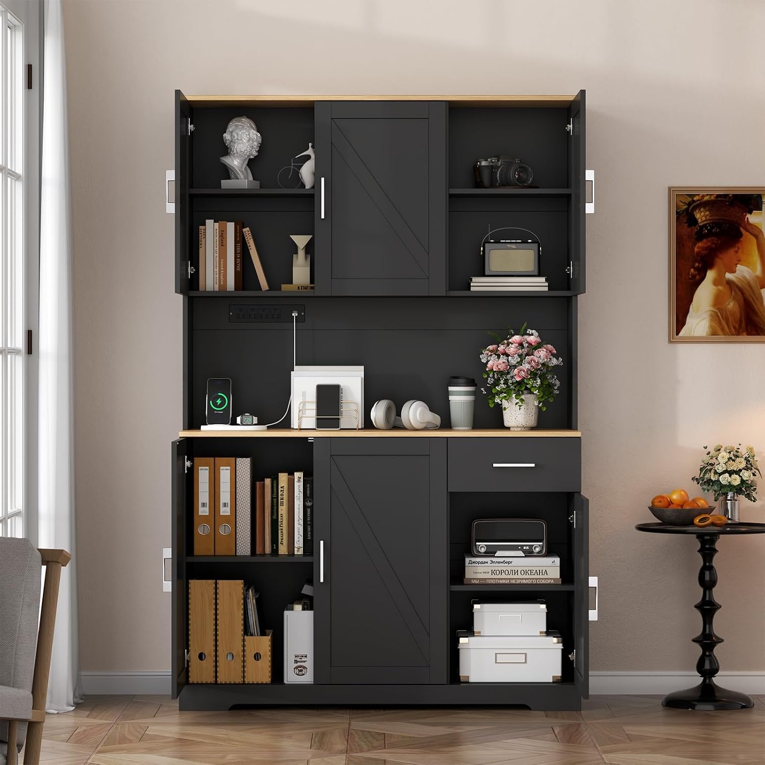 Gyfimoie 71'' Farmhouse Kitchen Pantry Cabinet, Tall Storage Cabinet with Power Outlet, Freestanding Hutch with Drawer, 4 Adjustable Shelf & 6 Doors for Kitchen Living Room (Black)
