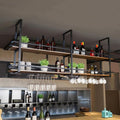 Ceiling Wine Glass Rack - 63in Hanging Wine Rack with Glass Holder and Shelf, 2 Layer Industrial Hanging Wine Bottle Holder, Black Metal Ceiling Shelf for Bar Cafe Kitchen (63×11.8×31.4in, Black)