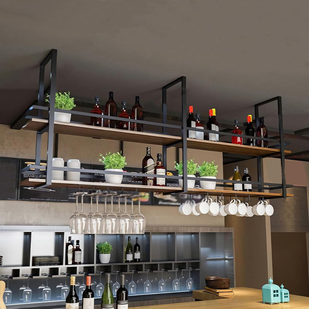 Ceiling Wine Glass Rack - 55.1in Hanging Wine Rack with Glass Holder and Shelf, 2 Layer Industrial Hanging Wine Bottle Holder, Black Metal Ceiling Shelf for Bar Cafe Kitchen (Black, 55.1×11.8×31.4in)
