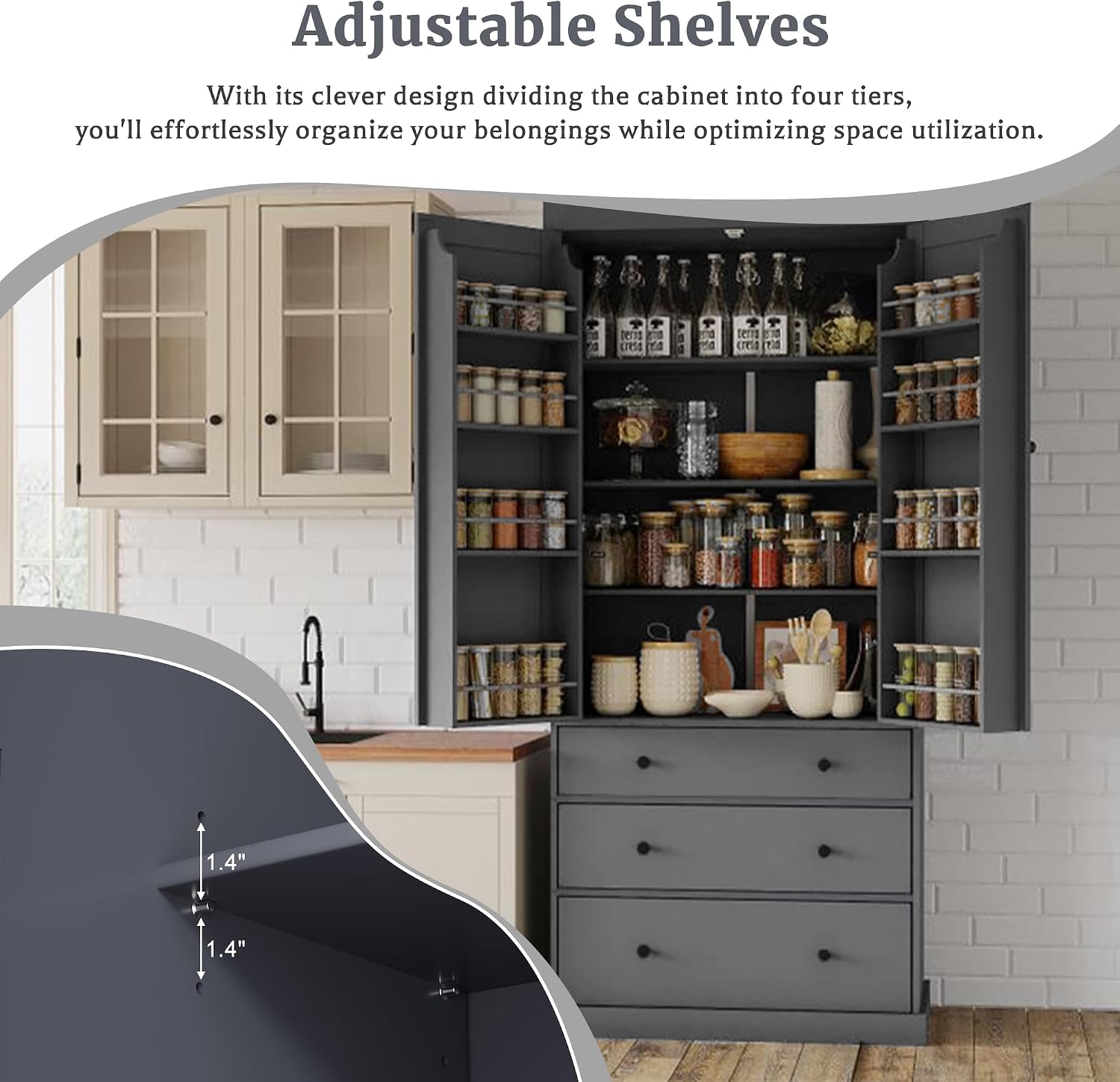 Ball & Cast 77' Freestanding Kitchen Pantry with 3 Drawers and Adjustable Shelves,Tall Cupboard Storage Cabinet with 8 Door Shelves, for Kitchen,Dining Room,Living Room,Apartment,Gray