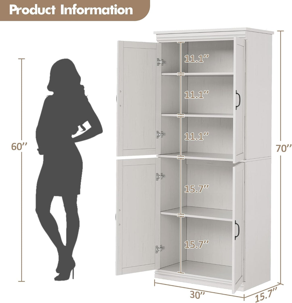 IDEALHOUSE Pantry Cabinet,70' Tall Kitchen Pantry Cabinet with Doors and Adjustable Shelves, Freestanding Cupboard, Tall Storage Cabinet for Bathroom, Dining Room, Living Room (Antique White)