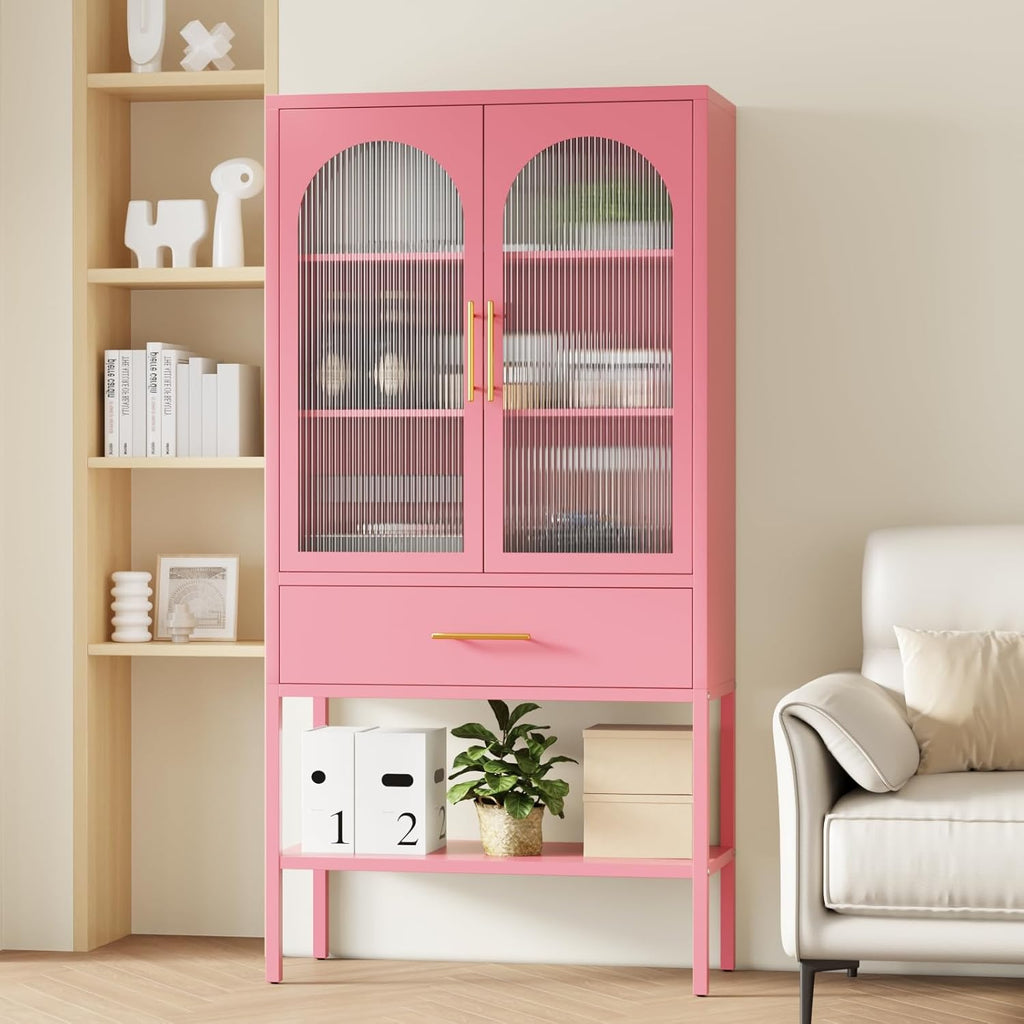 ALBAD 63 Inch Tall Metal Pantry/Display/Storage Cabinet with Fluted Glass Doors and Drawer & Adjustable Shelf for Modern Home Office Living Room Kitchen Pink