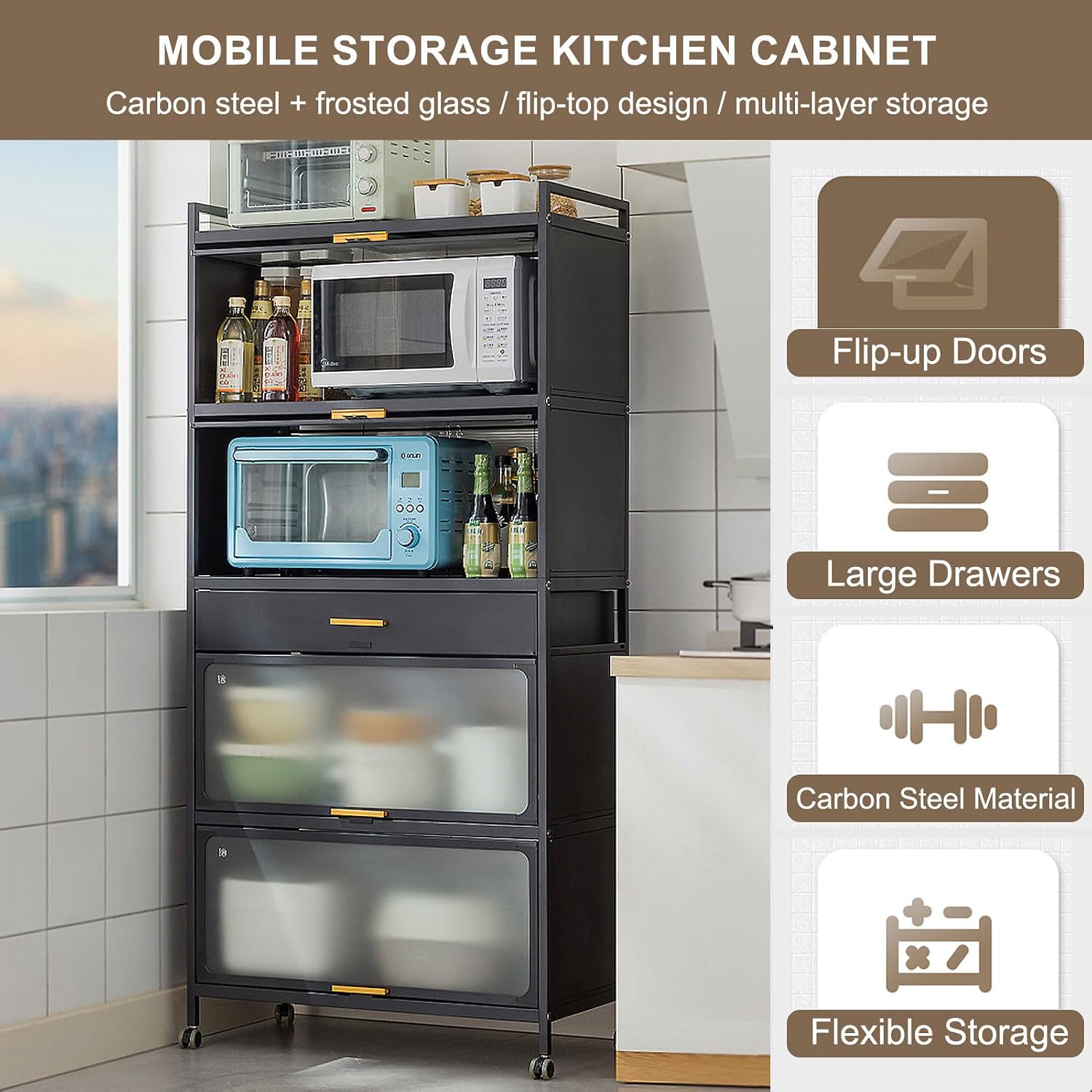5-Tier Kitchen Storage Cabinet with Flip Doors, Mobile Microwave Stand with Brakeable Casters, Freestanding Kitchen Bakers Rack with Drawer, for Dining Room, Living Room,Black,60×135cm/23.6×53in