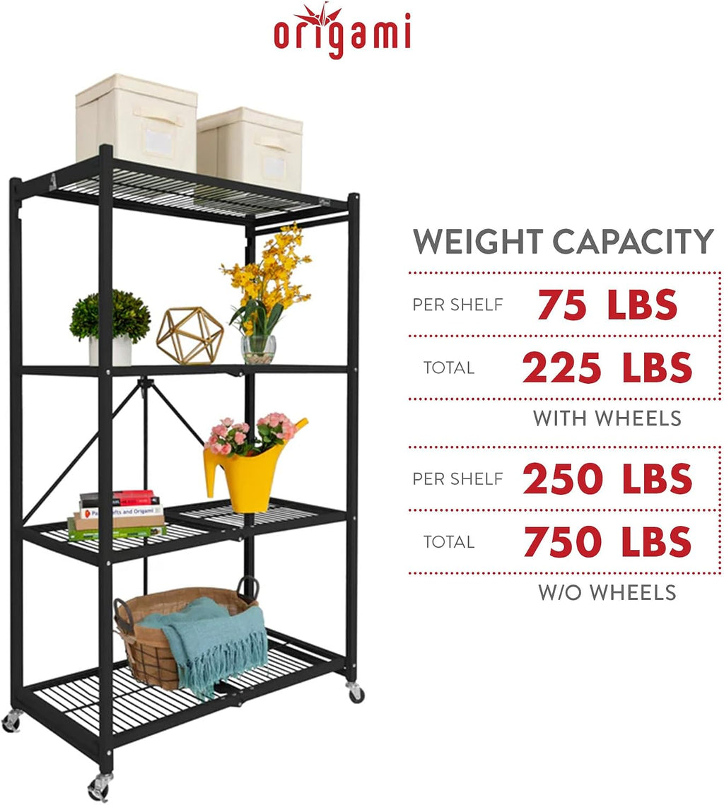 Origami 3 Pack 4 Tier Foldable Metal Garage Storage Shelf Rack, Wheels & Powder Coated Steel, Black