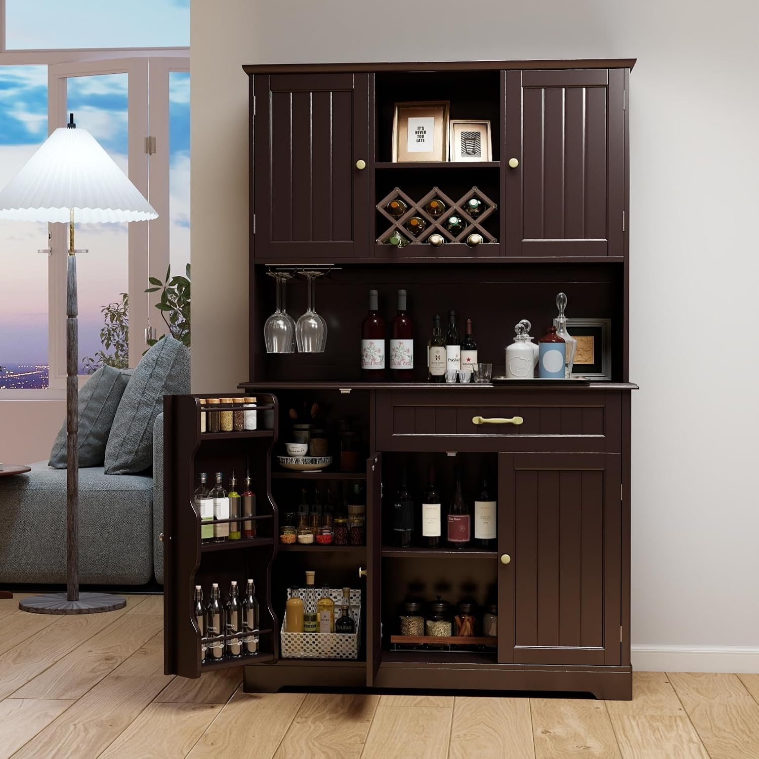 Gizoon Kitchen Hutch Cabinet Kitchen Hutch Storage Cabinet Tall Pantry Coffee Bar with Storage for Dining Room and Craft Room, Painted Dark Brown