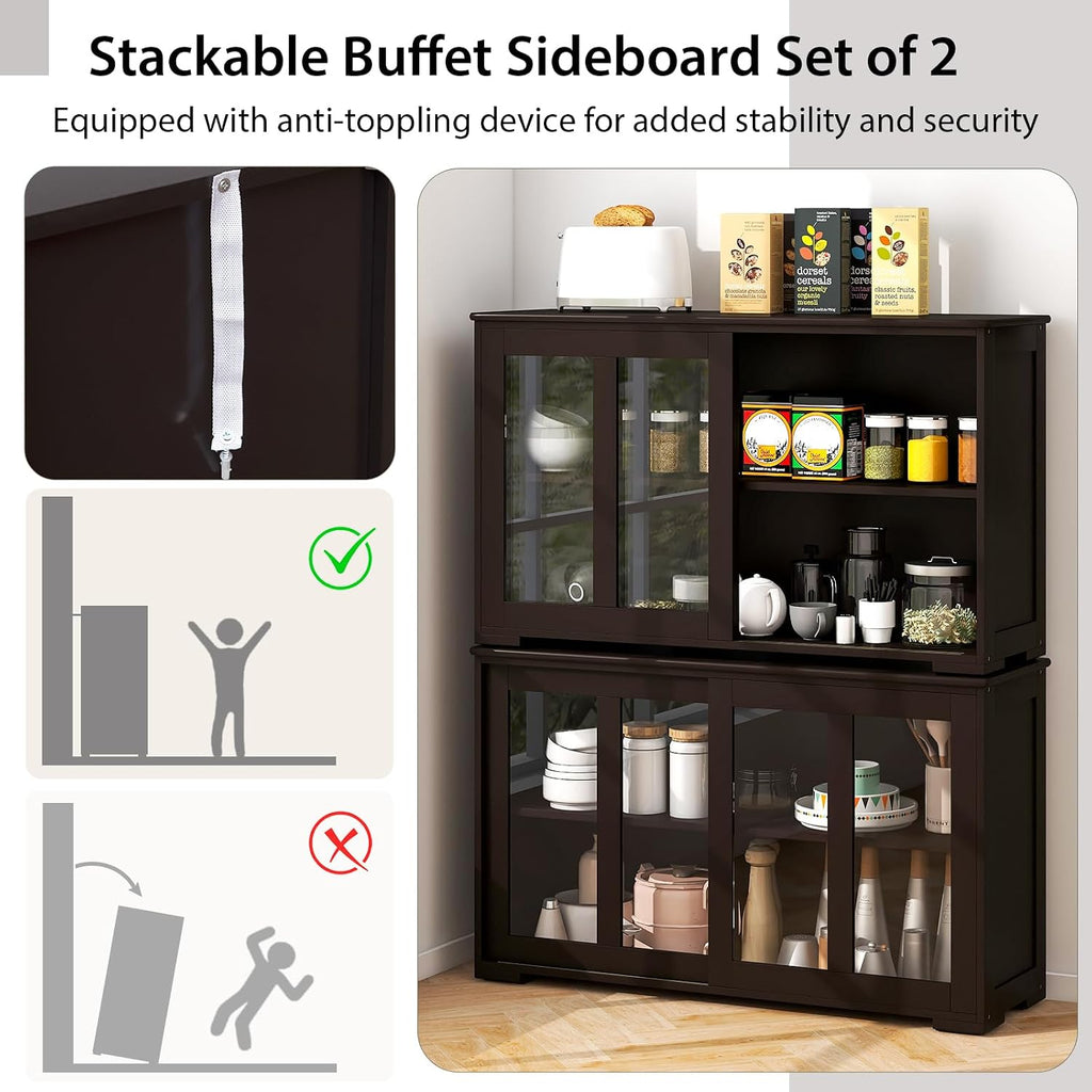 COSTWAY Buffet Sideboard with Storage, 2-Door Floor Cupboard with Sliding Tempered Glass Cabinet & Adjustable Shelf, Stackable Storage Cabinet for Kitchen, Entryway, Brown (2)
