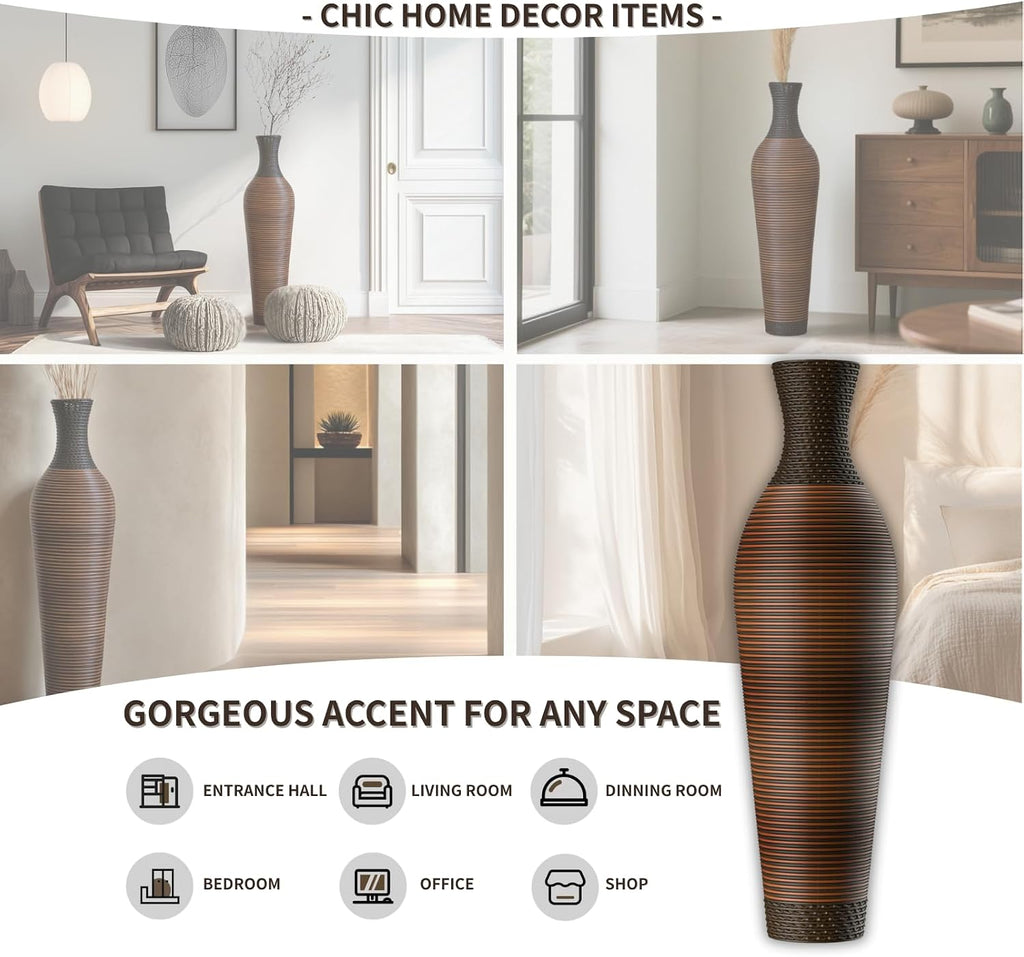 39-Inch Tall Vintage Floor Vase - Premium PVC Rattan Weave, Large Brown Standing Vase, Flower Holder for Home Decor (47 - Dark Brown)
