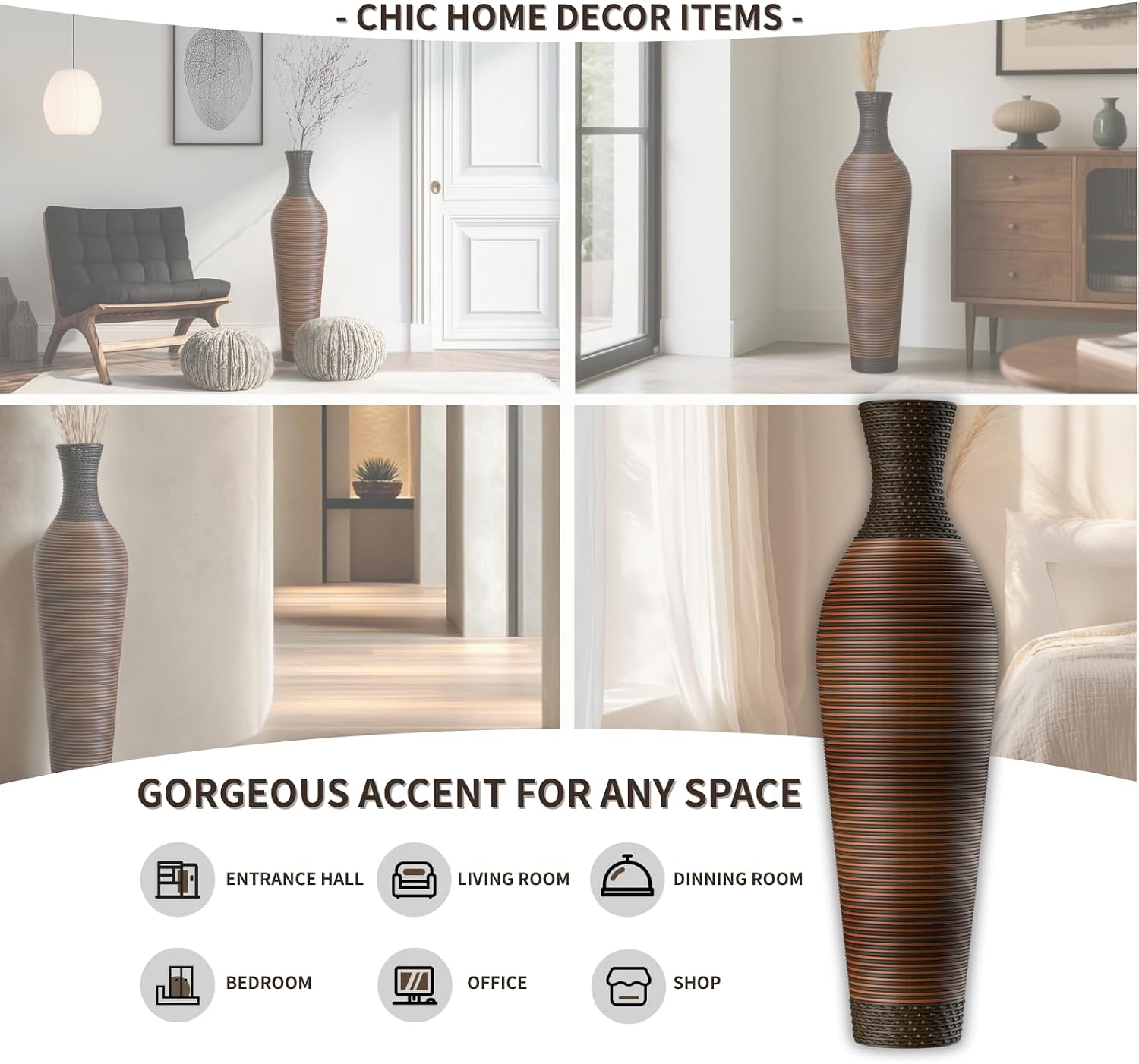 39-Inch Tall Vintage Floor Vase - Premium PVC Rattan Weave, Large Brown Standing Vase, Flower Holder for Home Decor (47 - Dark Brown)