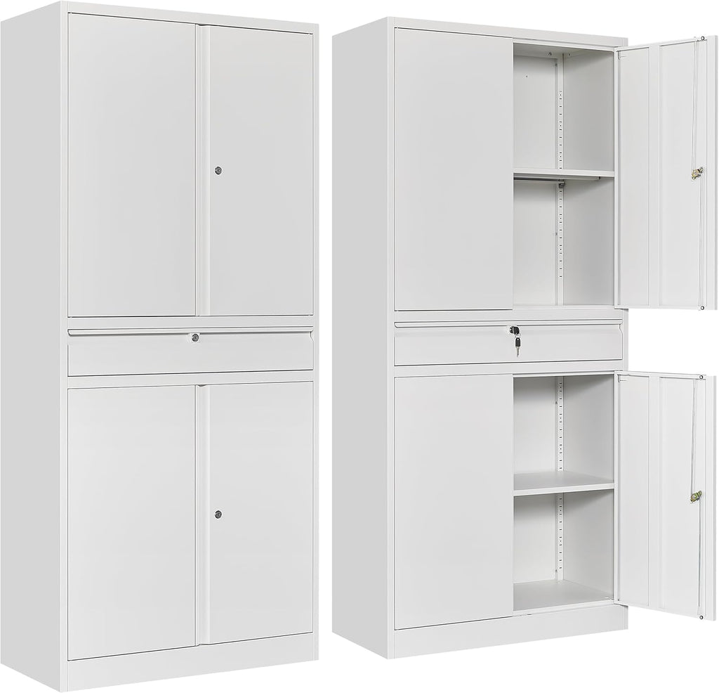 SISESOL White Metal Storage Cabinet with Drawer and Locks,Garage Storage Cabinet with Locking Doors and Adjustable Shelves,71' Tall Large Metal Cabinets with Magnetic Door for Home,Office,Garage