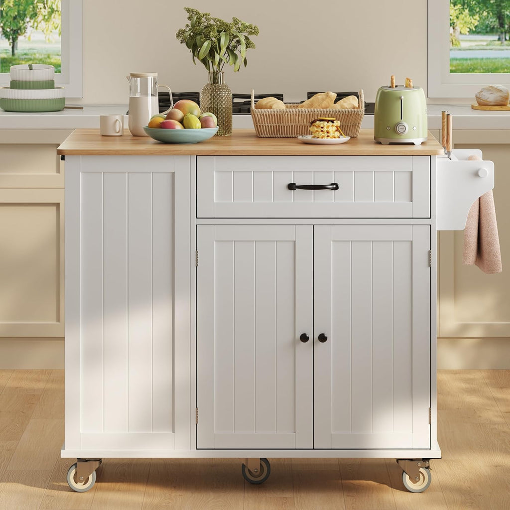 Ahomly Kitchen Island with Storage, 44.49' Kitchen Island with Trash Can Storage, Drop Leaf Rubberwood Top, Knife Holder, Adjustable Shelf, Towel Bar, Drawer, Spice Rack, White
