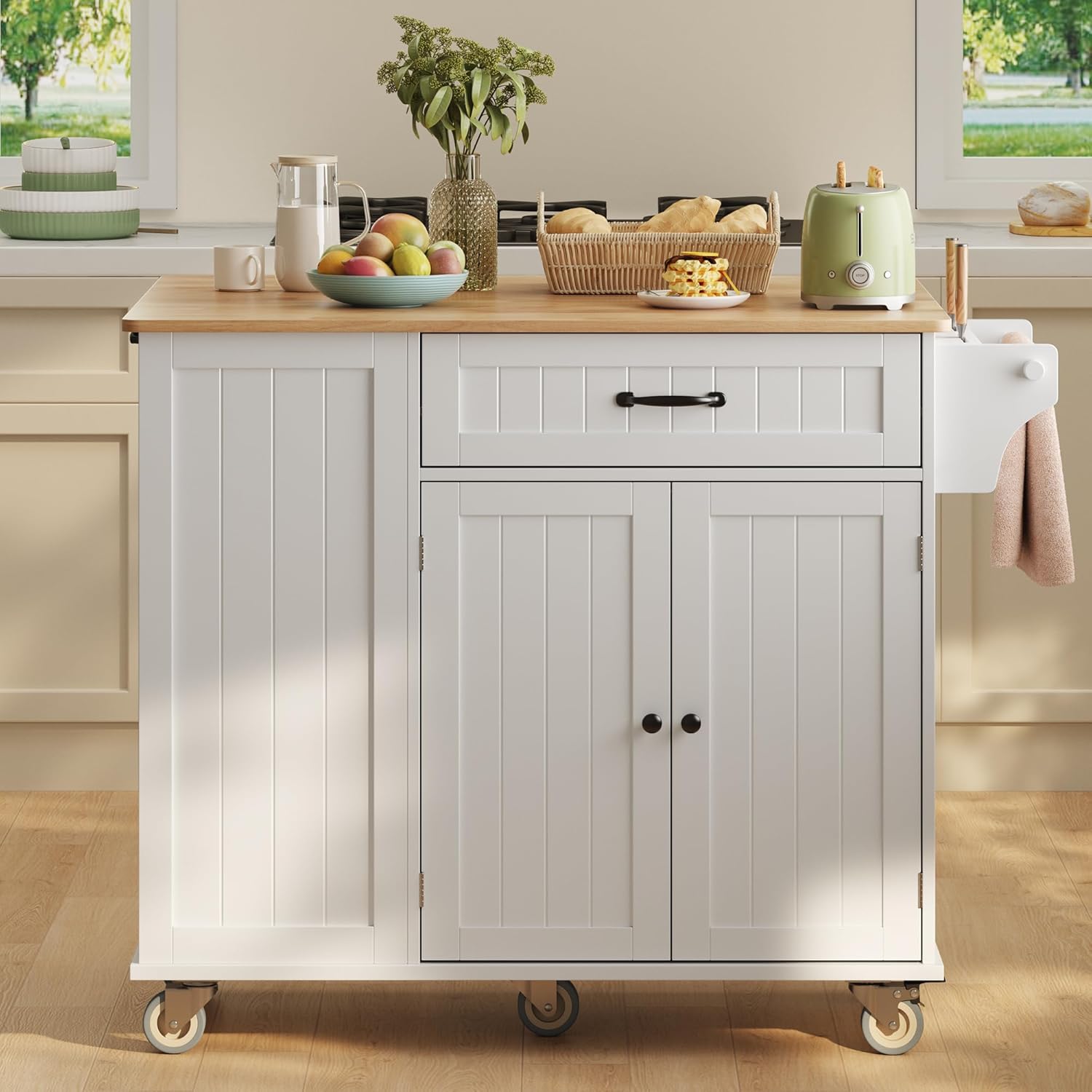 Ahomly Kitchen Island with Storage, 44.49' Kitchen Island with Trash Can Storage, Drop Leaf Rubberwood Top, Knife Holder, Adjustable Shelf, Towel Bar, Drawer, Spice Rack, White