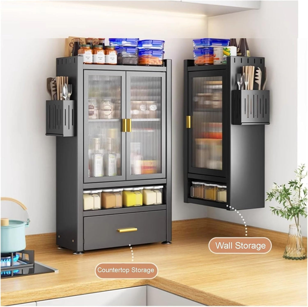 Kitchen Countertop with Drawers Dish Cabinet, Spice Rack, Dual Door Design, Multifunctional Kitchen Storage Cabinet(Large)
