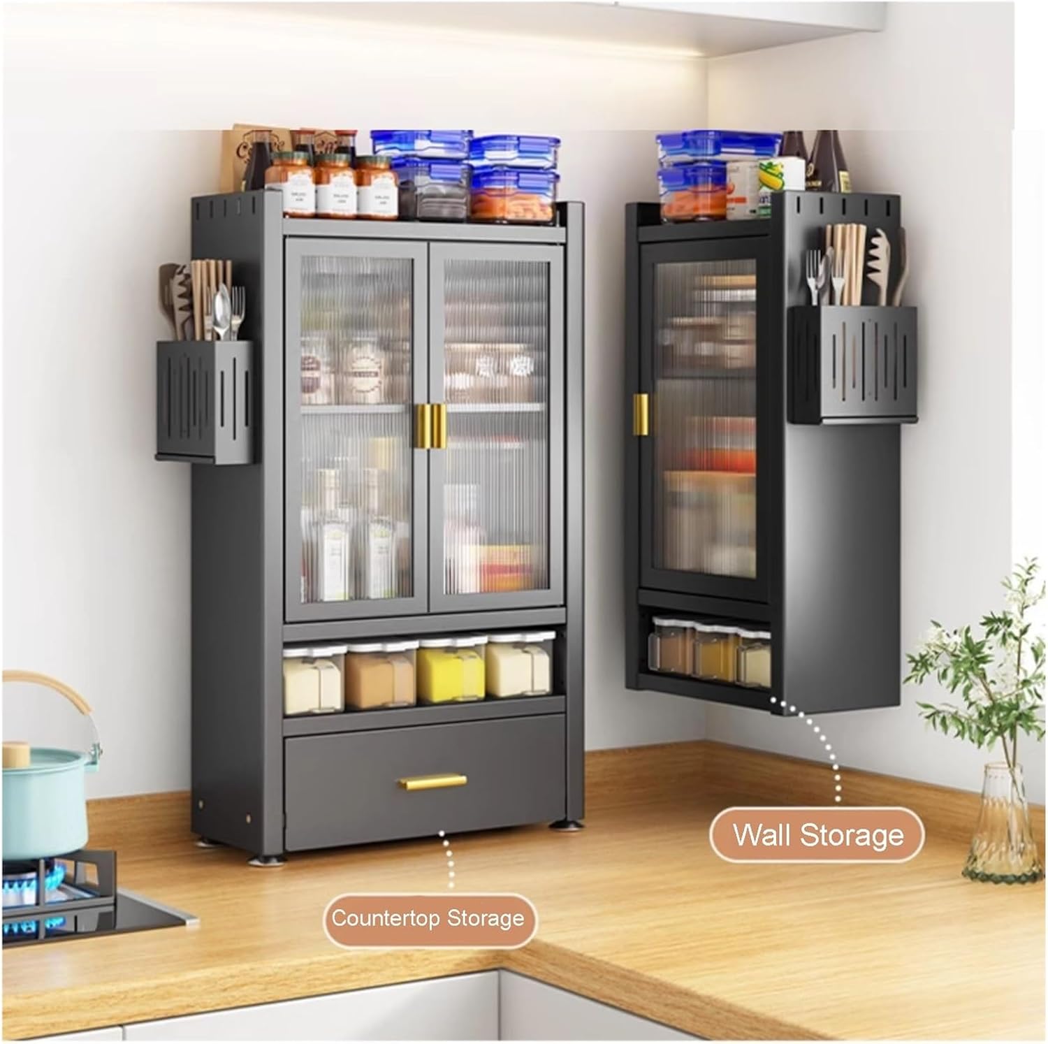 Kitchen Countertop with Drawers Dish Cabinet, Spice Rack, Dual Door Design, Multifunctional Kitchen Storage Cabinet(Small)